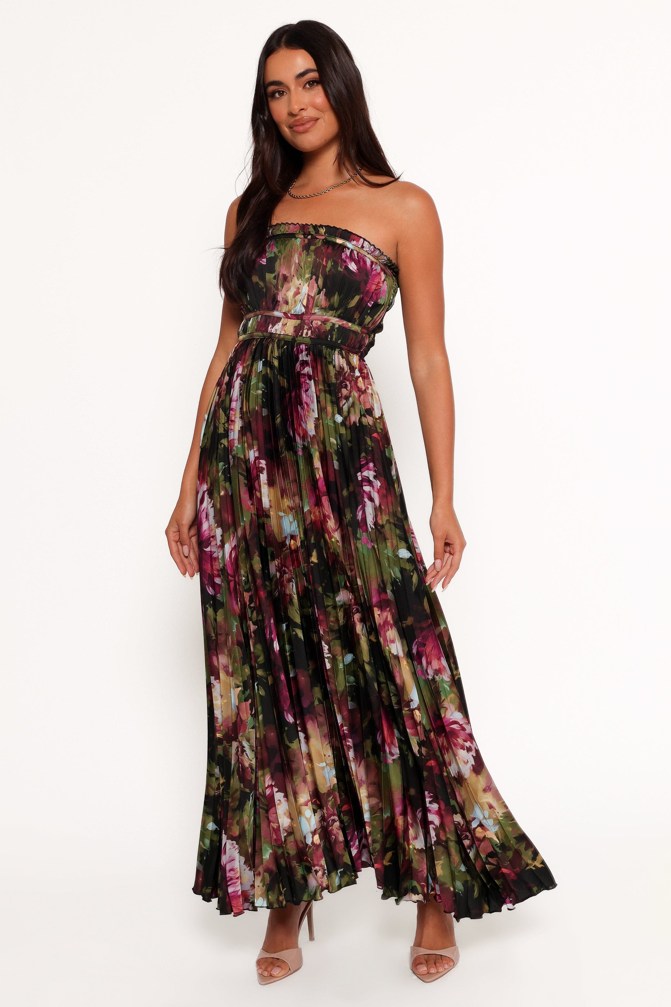 Petal and Pup USA DRESSES Angelique Strapless Maxi Dress - Grey Blurred Floral