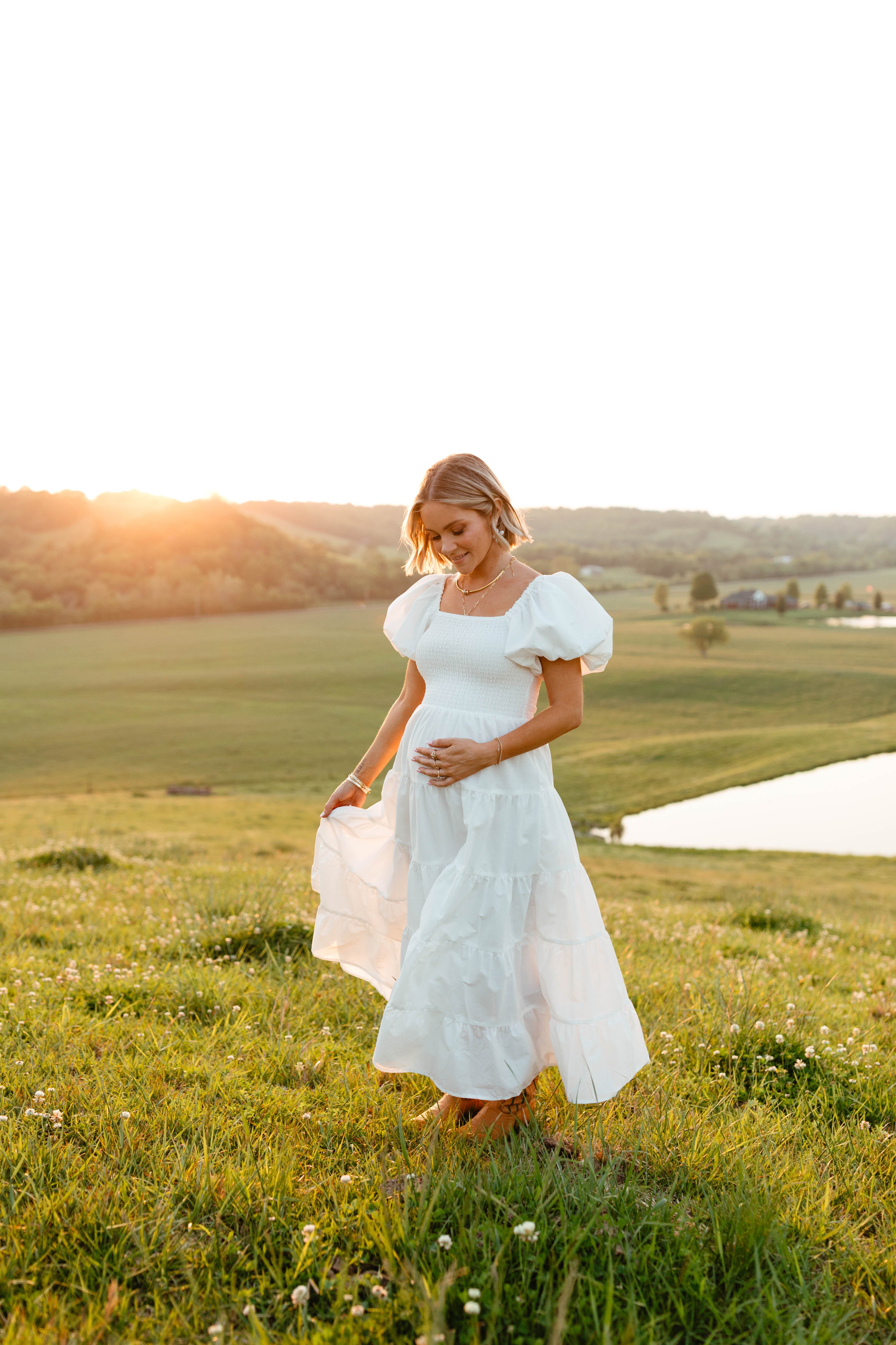 Petal and Pup USA DRESSES Annette Puff Sleeve Shirred Midi Dress - White
