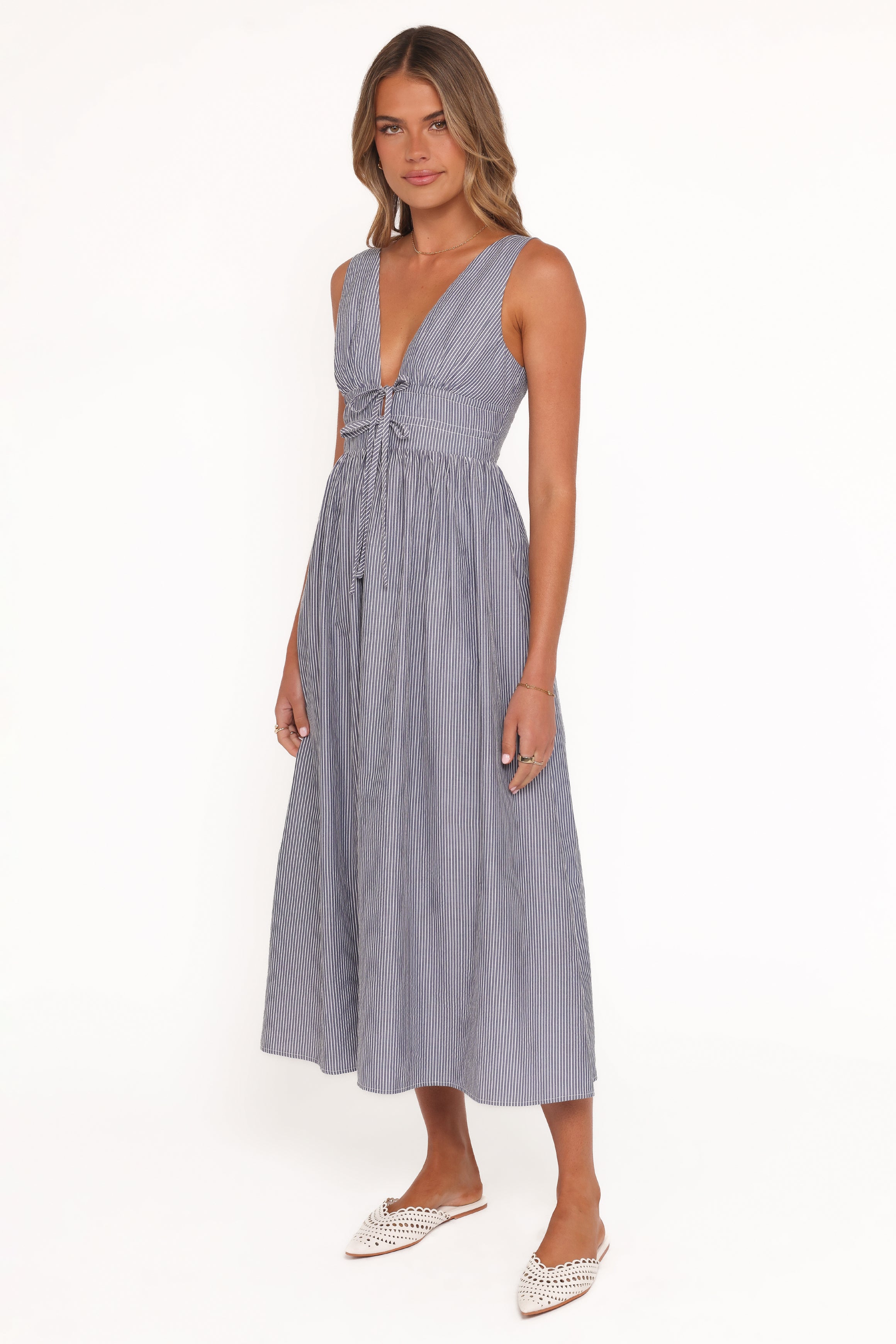 Petal and Pup USA DRESSES Annora Midi Dress - Navy Pinstripe