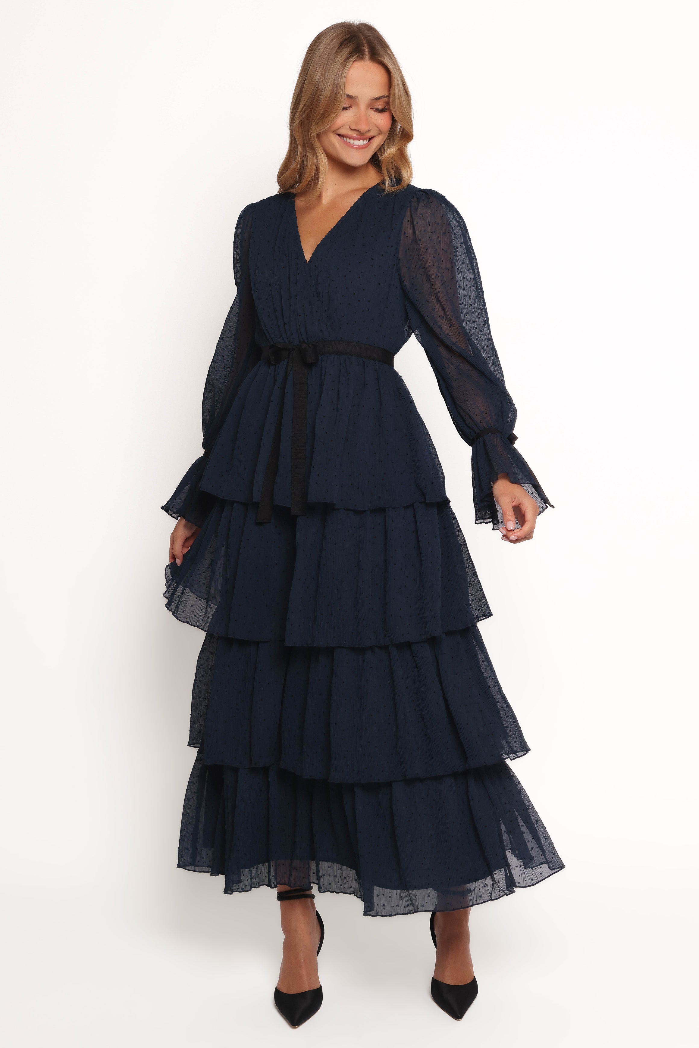 Petal and Pup USA DRESSES Antoinette Long Sleeve Tiered Maxi Dress - Navy