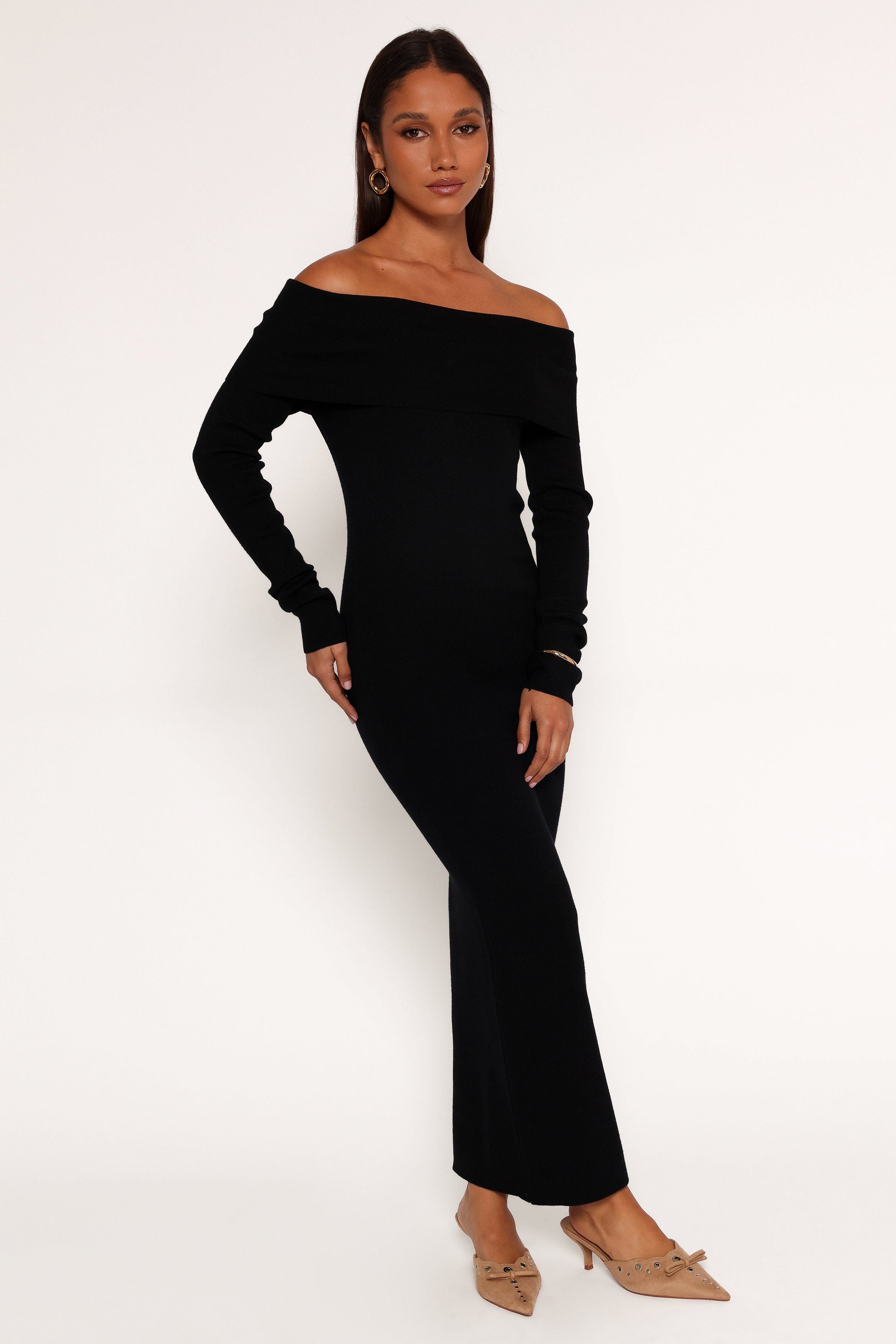 Petal and Pup USA DRESSES Archie Off the Shoulder Midi Dress - Black