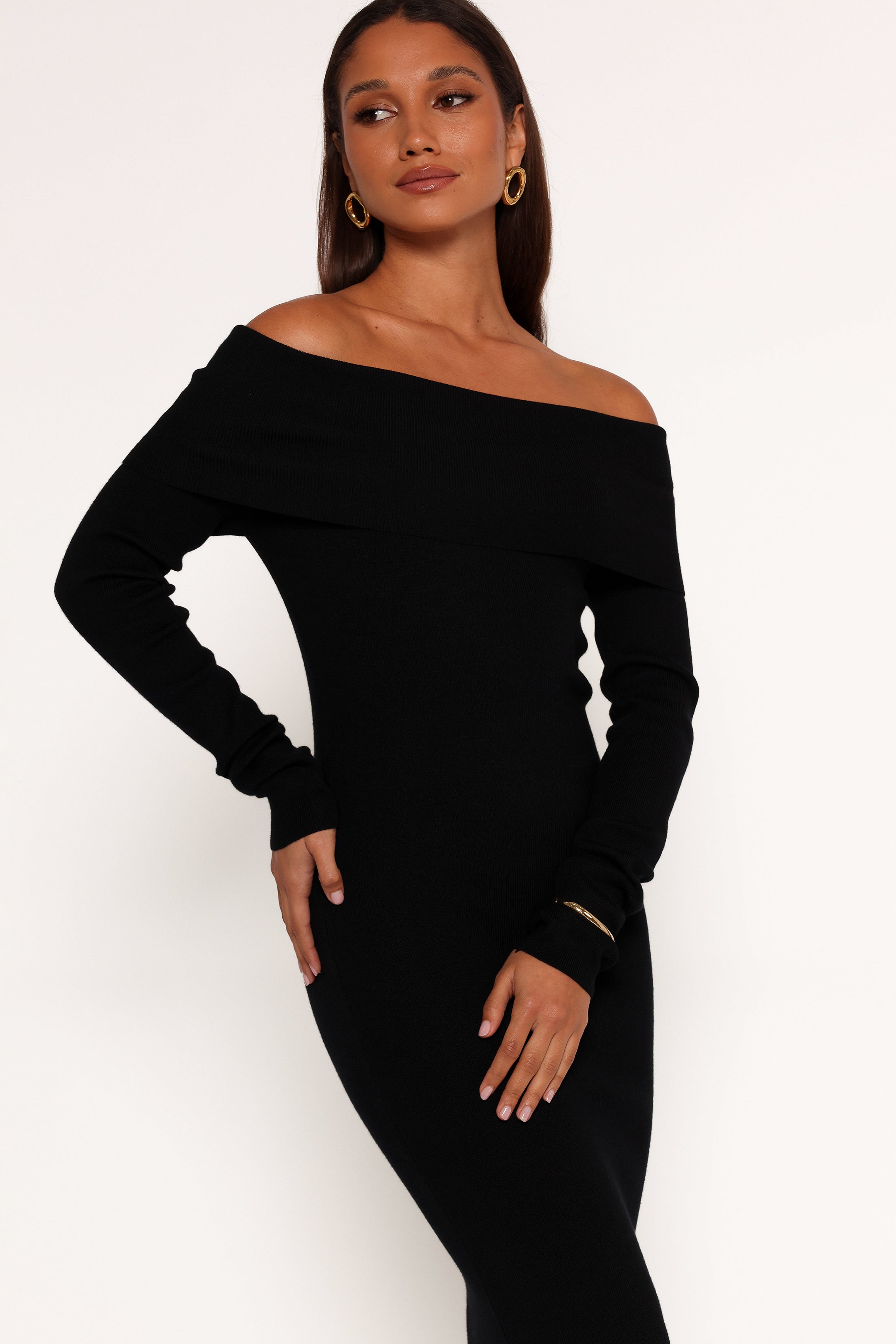Petal and Pup USA DRESSES Archie Off the Shoulder Midi Dress - Black
