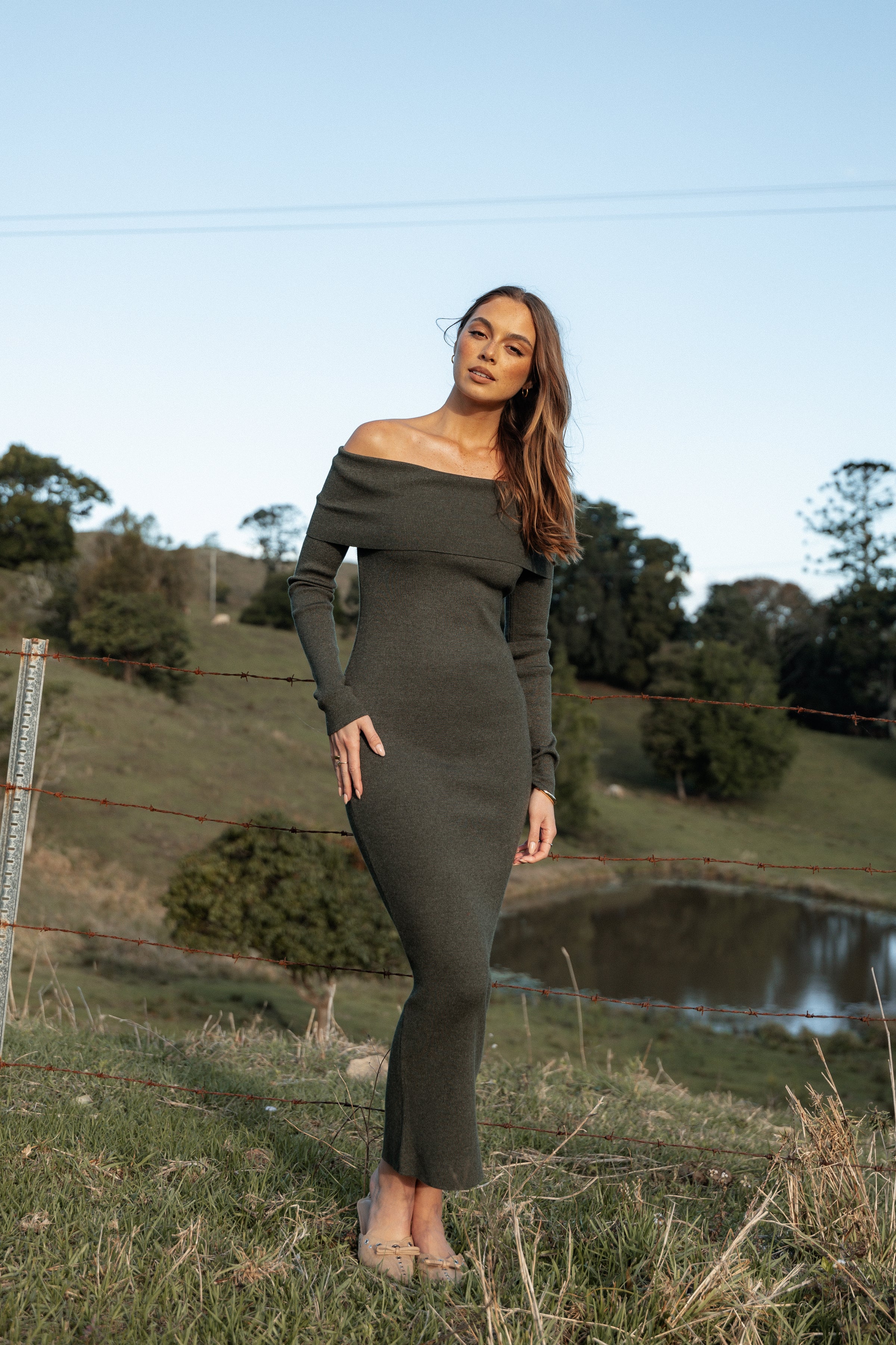 Petal and Pup USA DRESSES Archie Off The Shoulder Midi Dress - Olive