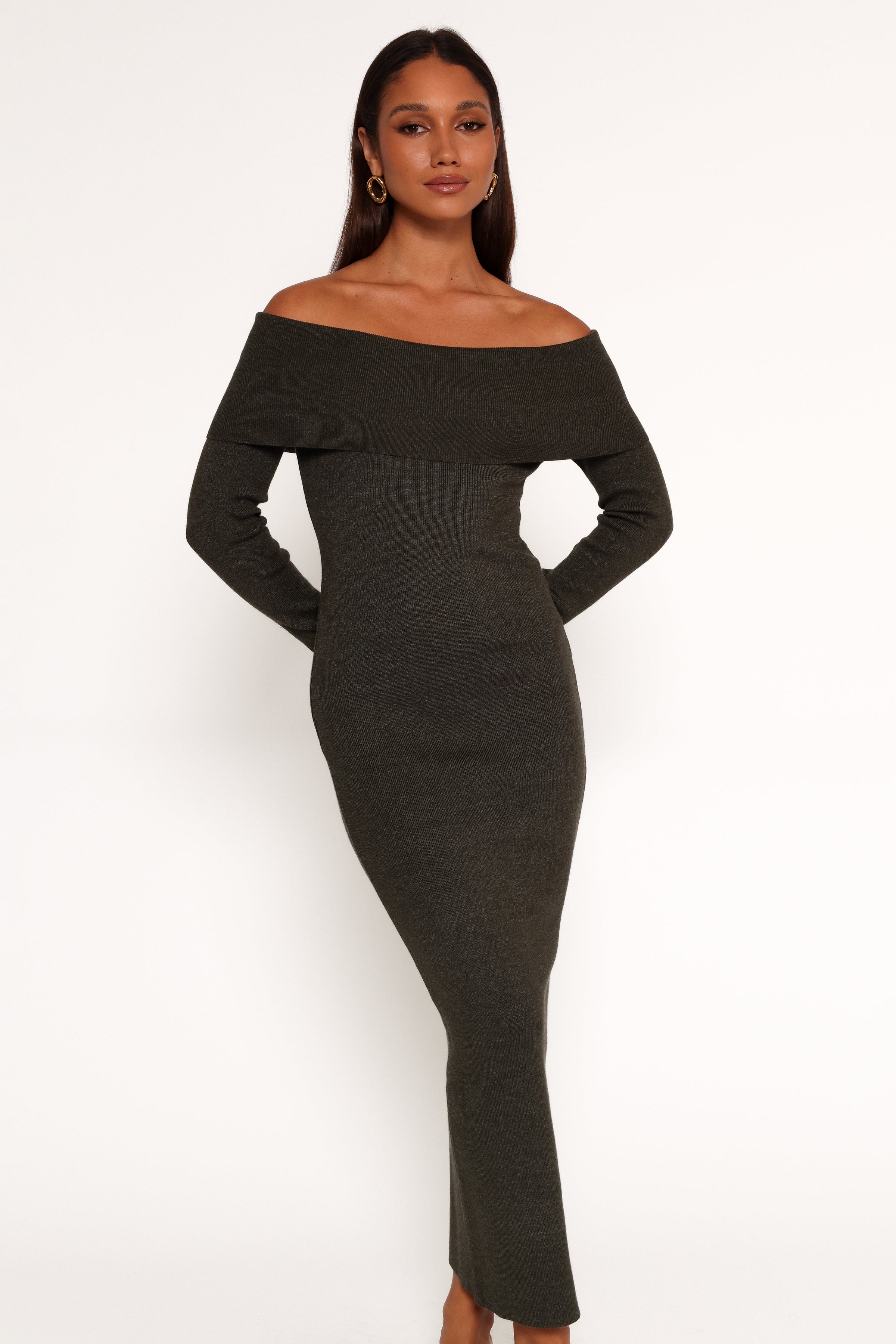 Petal and Pup USA DRESSES Archie Off The Shoulder Midi Dress - Olive
