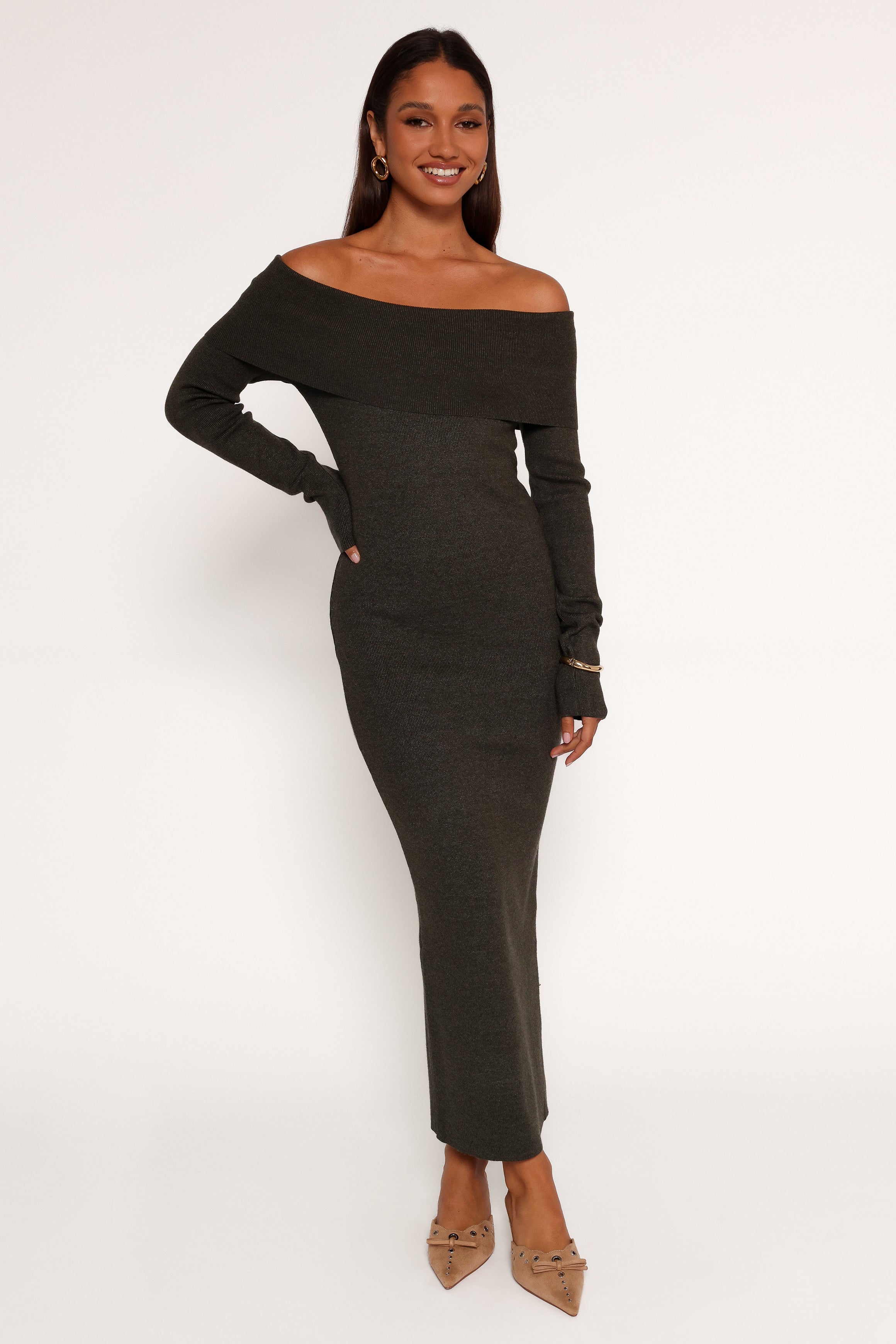 Petal and Pup USA DRESSES Archie Off The Shoulder Midi Dress - Olive