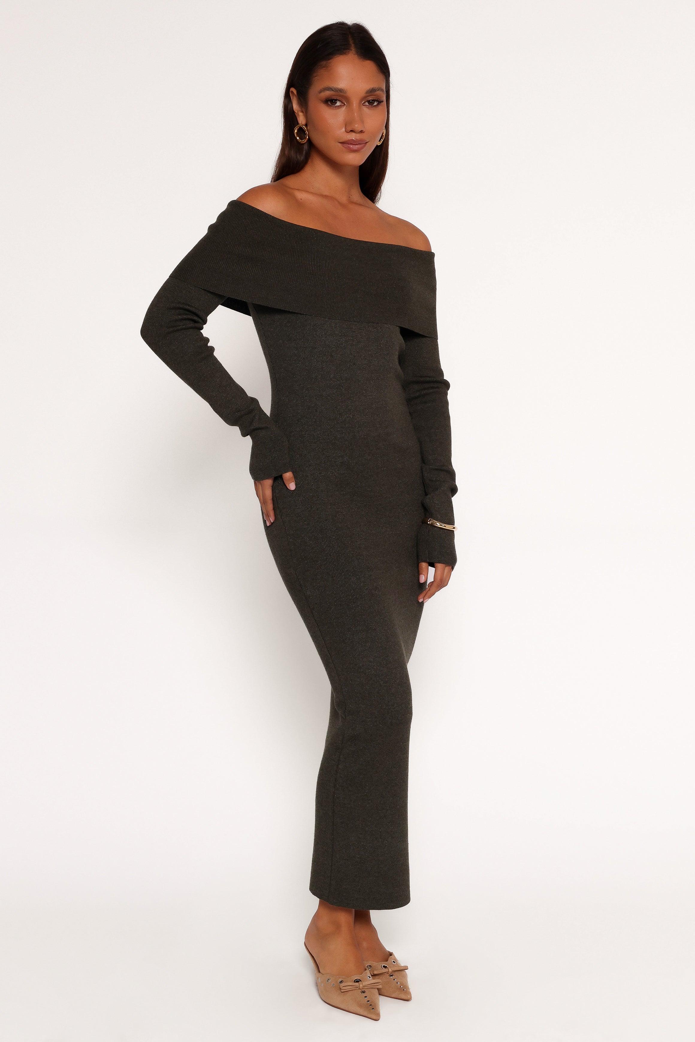 Petal and Pup USA DRESSES Archie Off The Shoulder Midi Dress - Olive