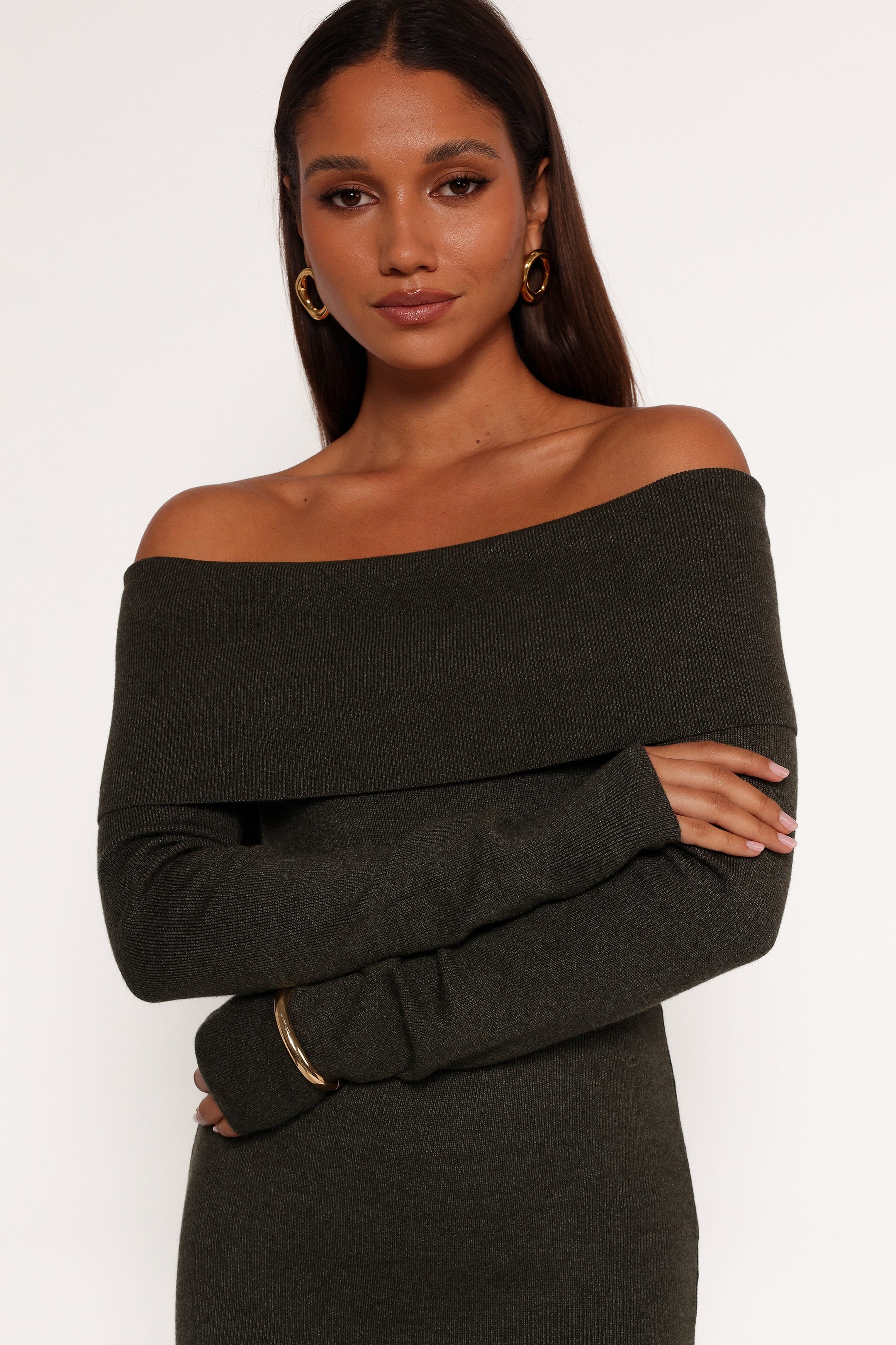 Petal and Pup USA DRESSES Archie Off The Shoulder Midi Dress - Olive