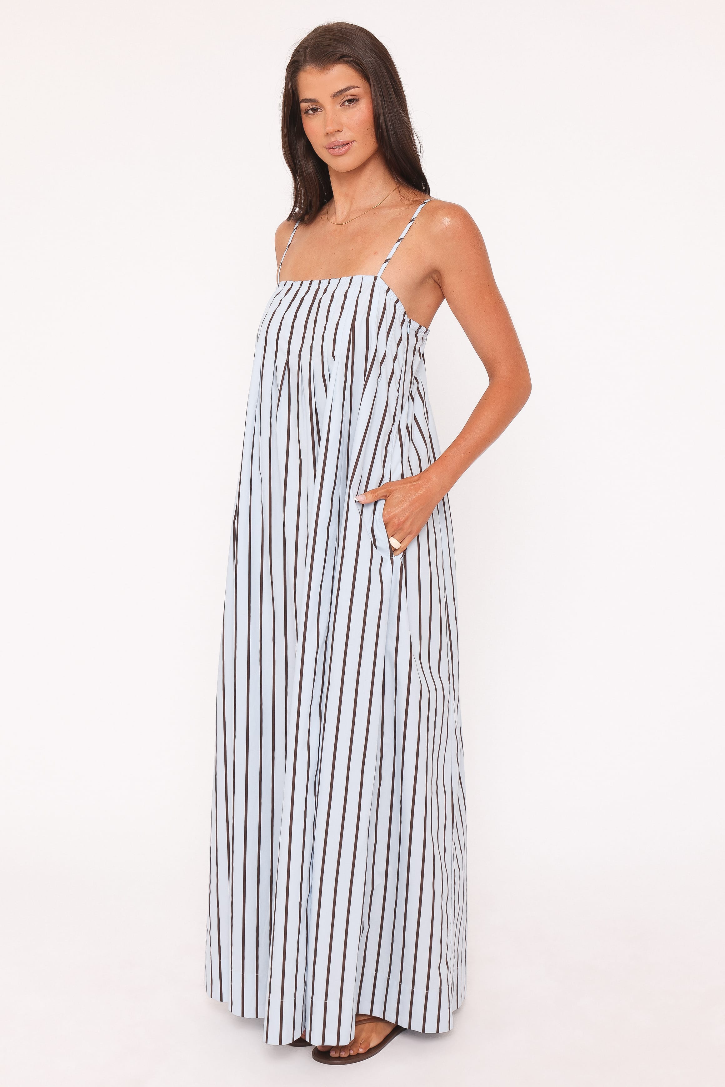 Petal and Pup USA DRESSES Arletta Maxi Dress - Blue/Brown Stripe