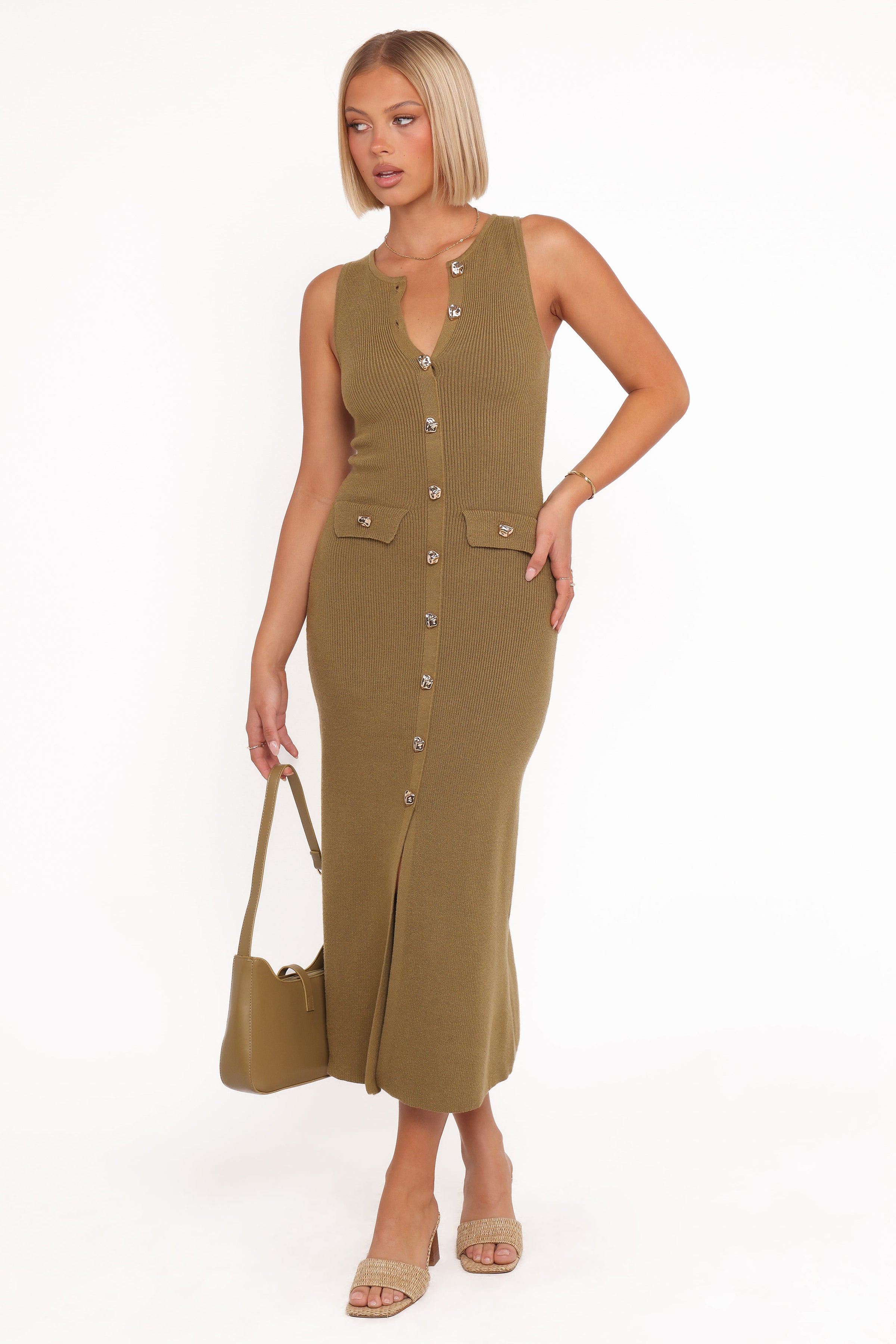 Petal and Pup USA DRESSES Aspen Button Up Knit Dress - Olive