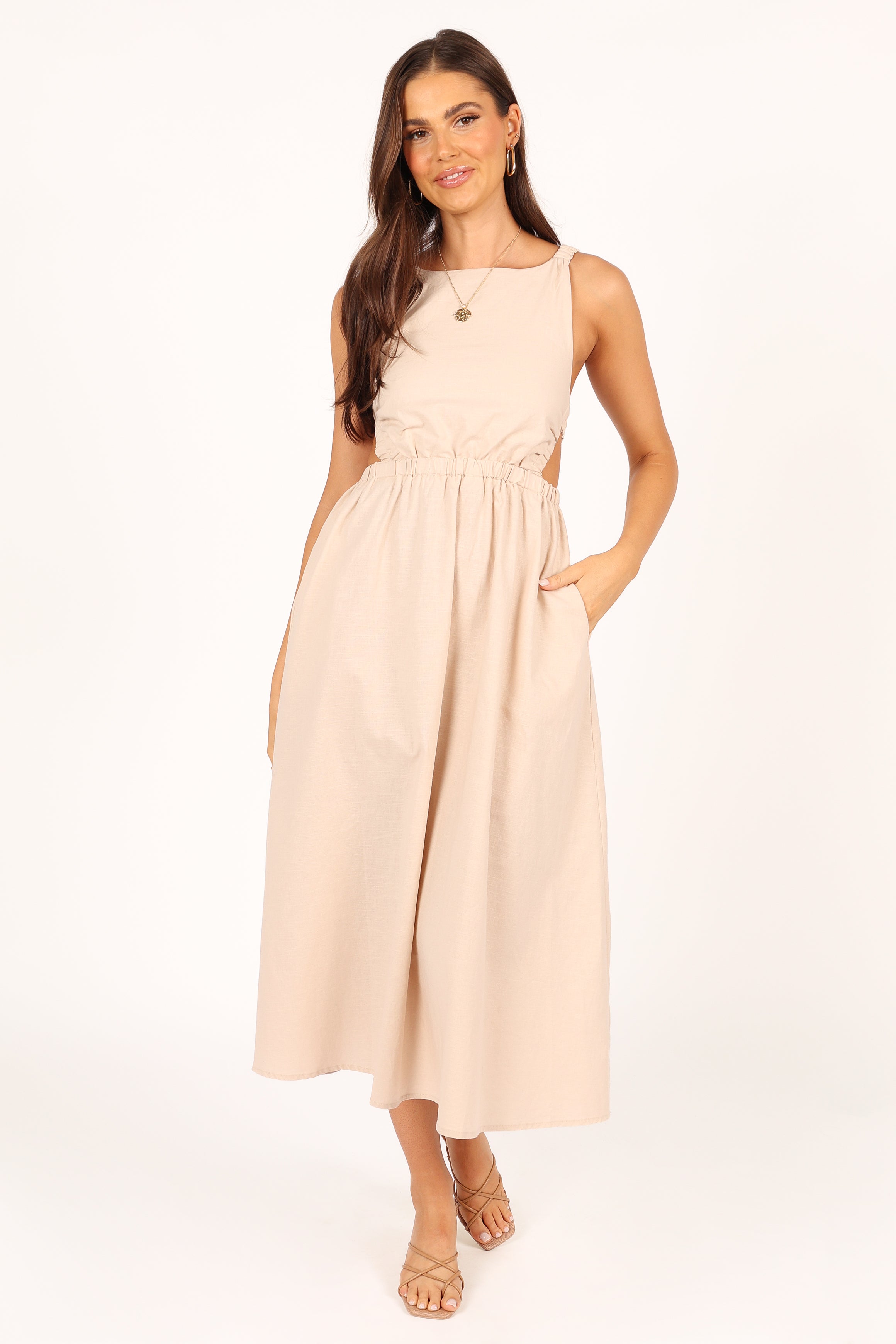 Petal and Pup USA DRESSES Aubrey Cutout Midi Dress - Beige