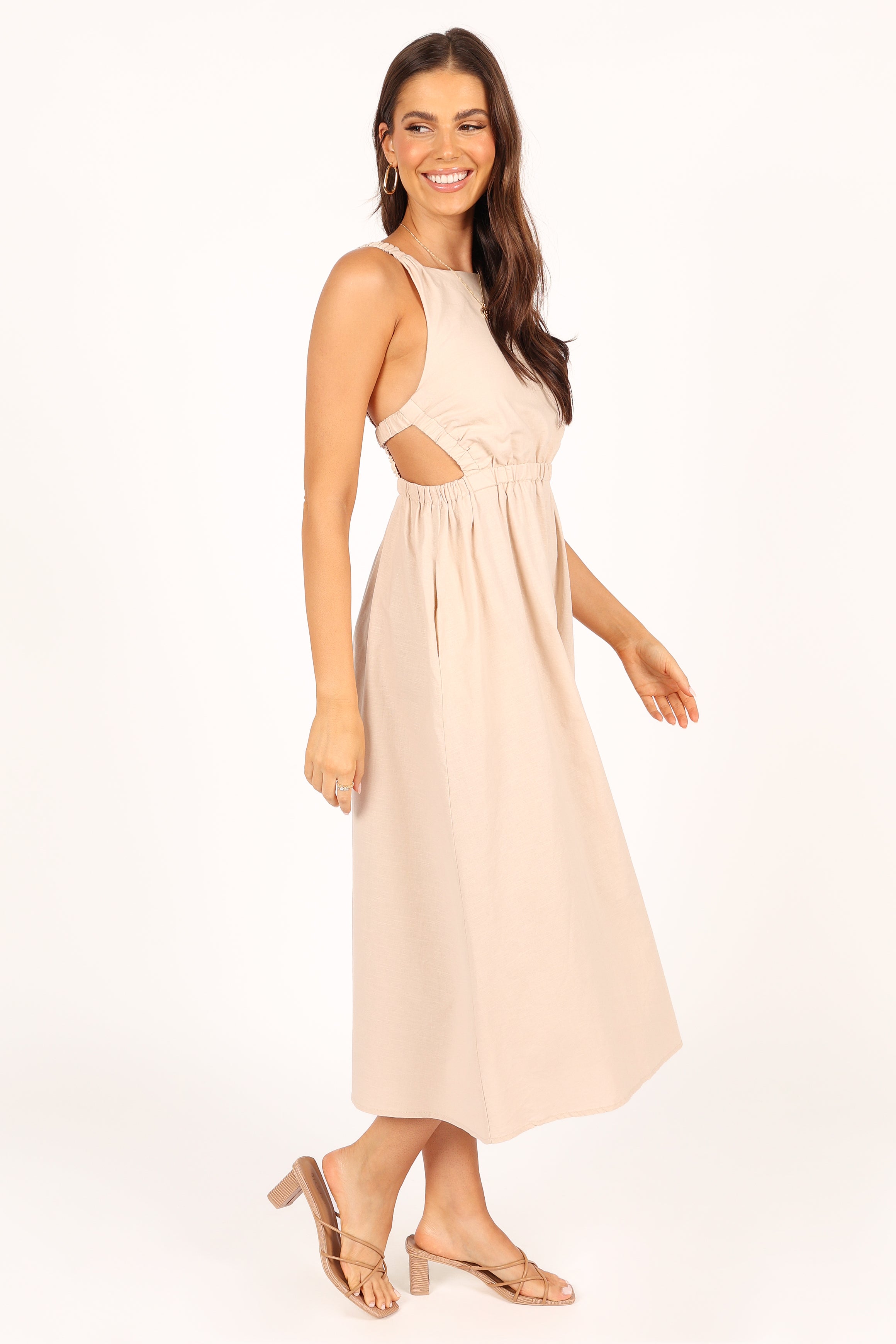 Petal and Pup USA DRESSES Aubrey Cutout Midi Dress - Beige