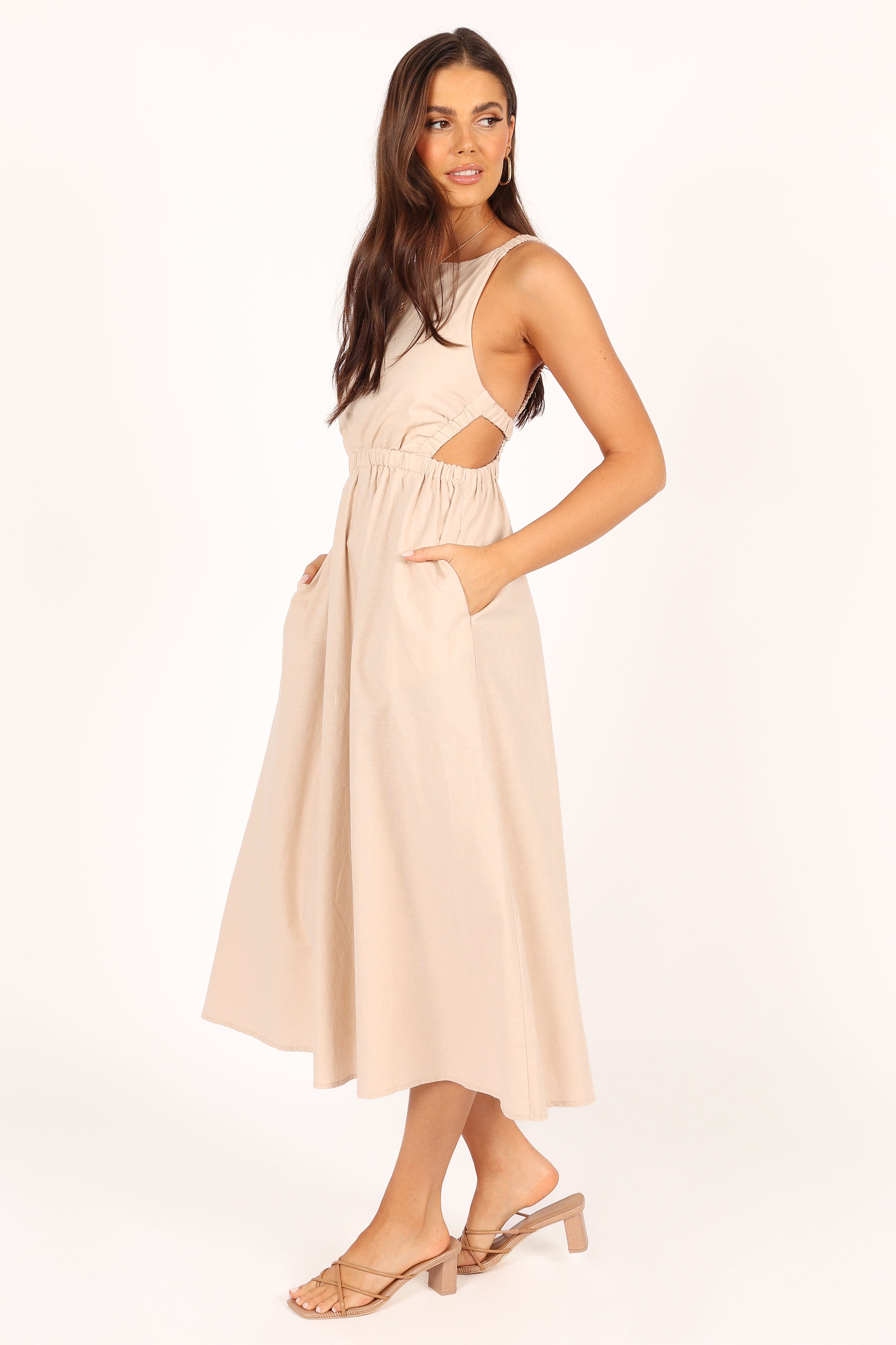 Petal and Pup USA DRESSES Aubrey Cutout Midi Dress - Beige