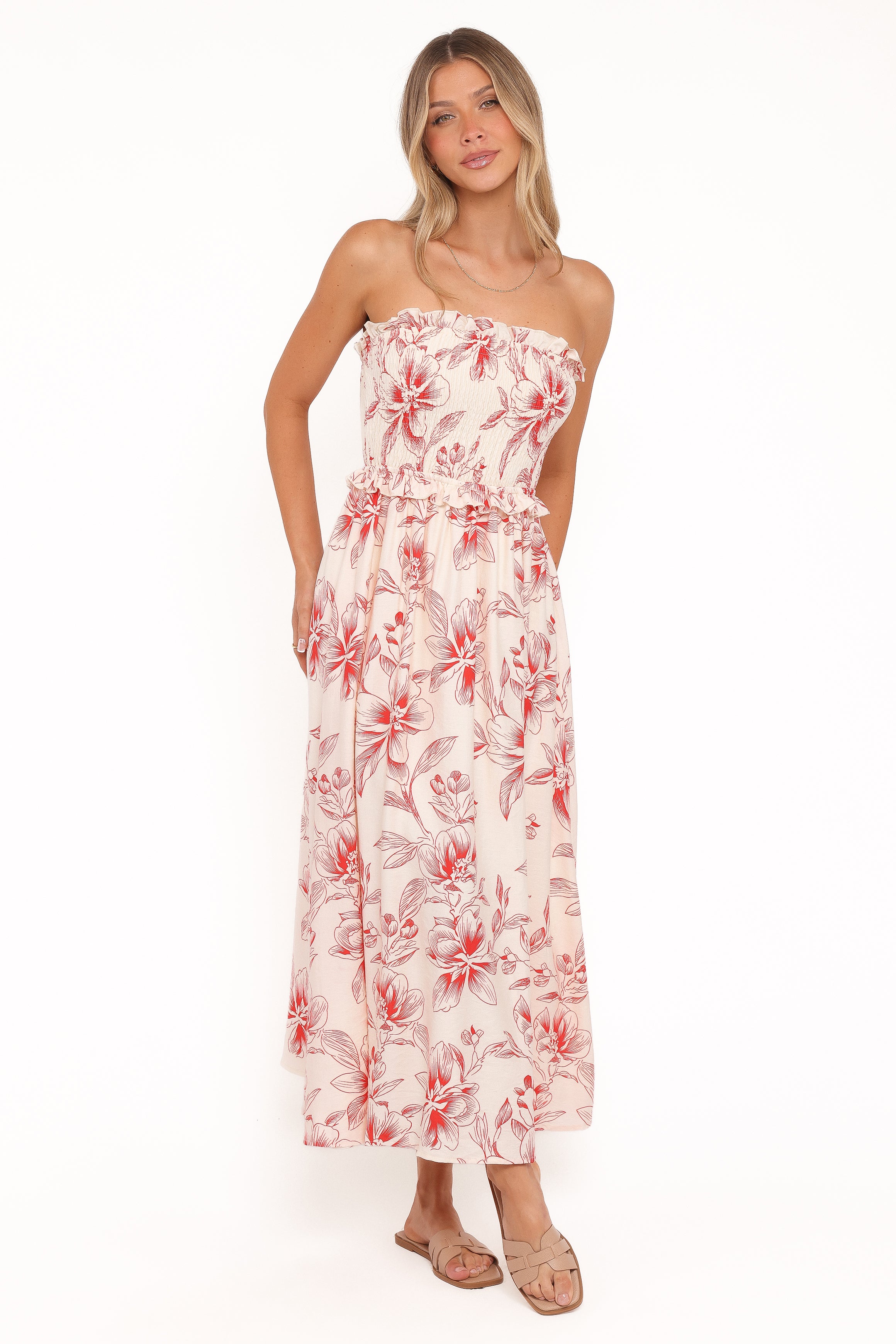 Petal and Pup USA DRESSES Avania Strapless Midi Dress - Red Floral
