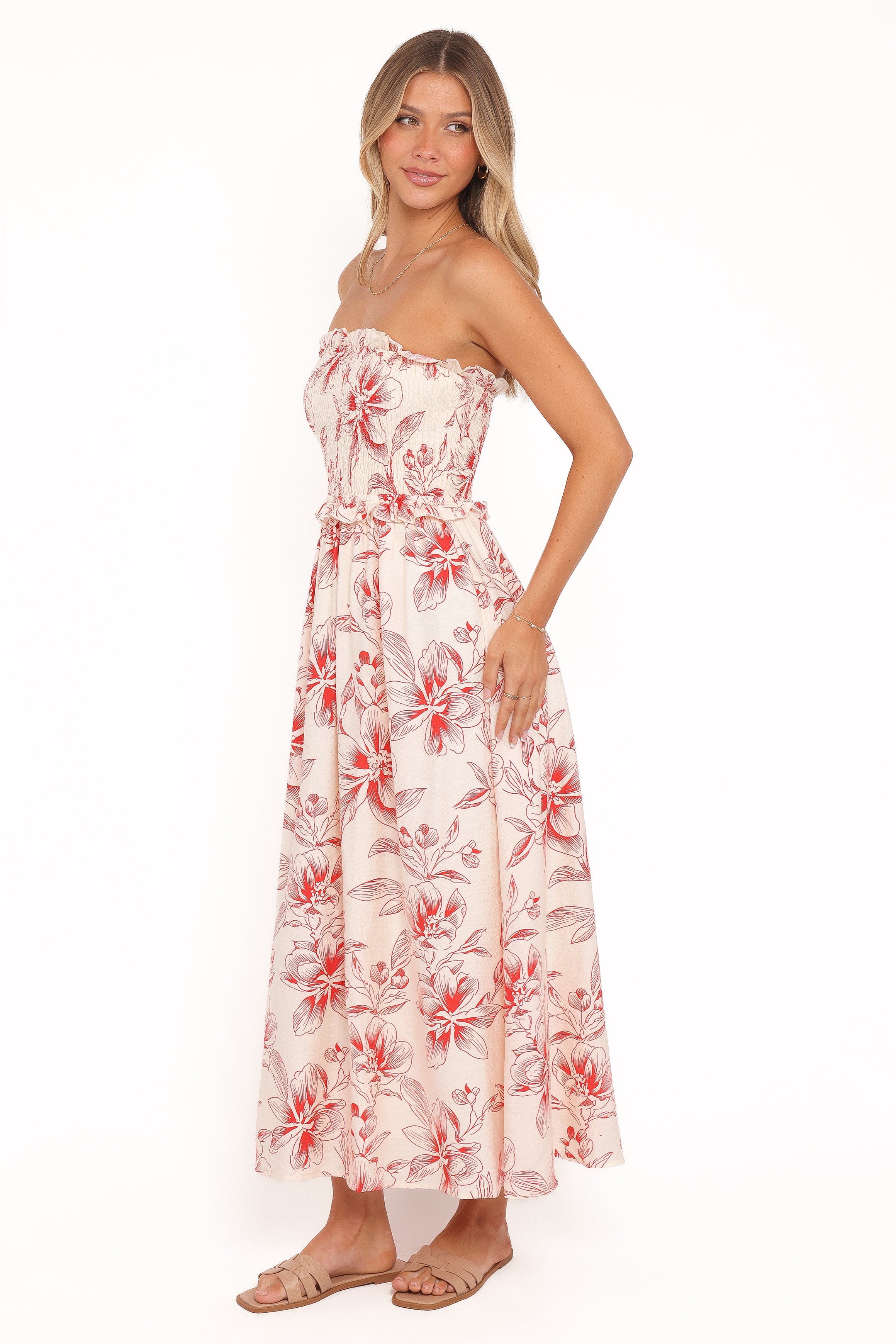 Petal and Pup USA DRESSES Avania Strapless Midi Dress - Red Floral