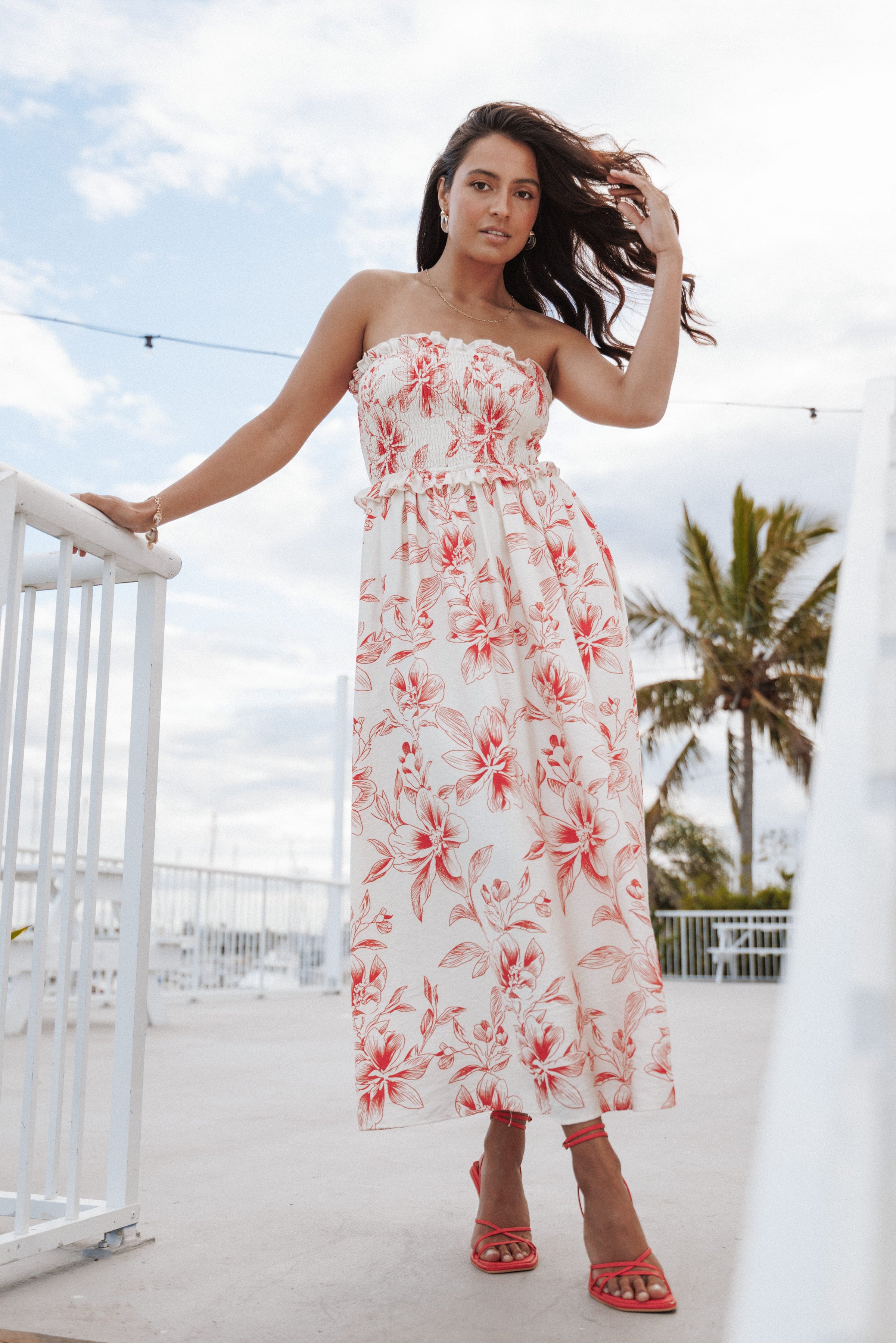 Petal and Pup USA DRESSES Avania Strapless Midi Dress - Red Floral