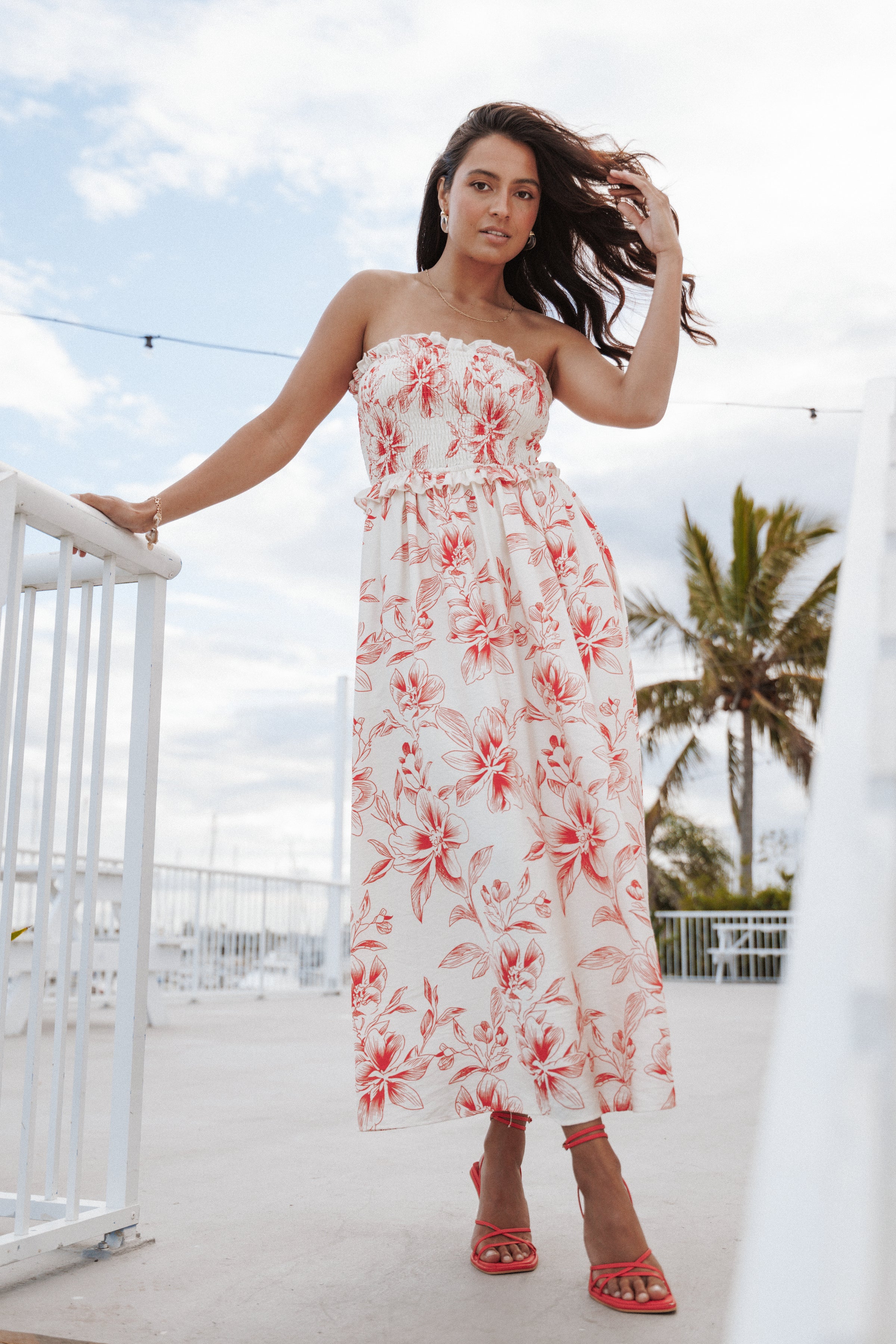 Petal and Pup USA DRESSES Avania Strapless Midi Dress - Red Floral
