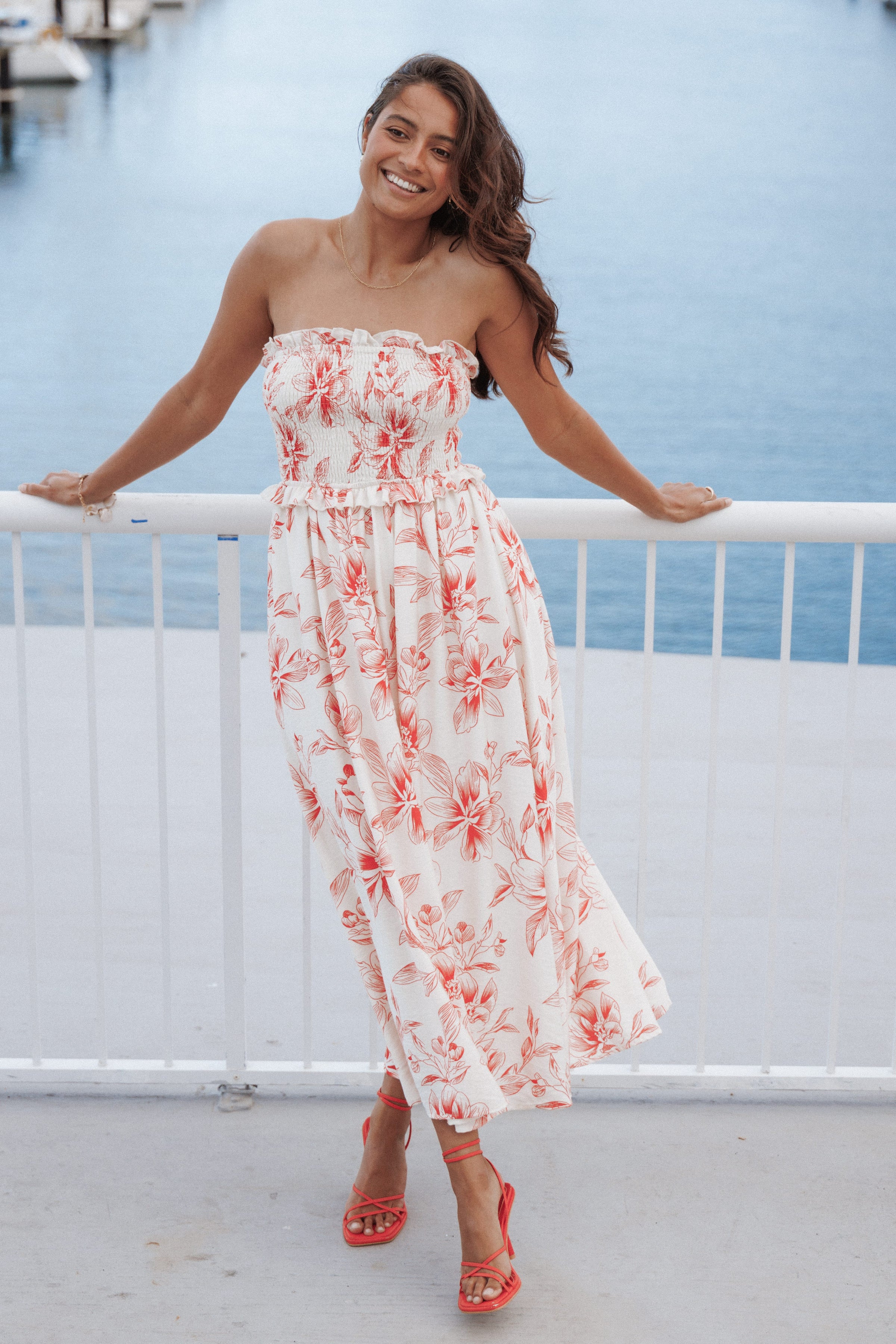 Petal and Pup USA DRESSES Avania Strapless Midi Dress - Red Floral