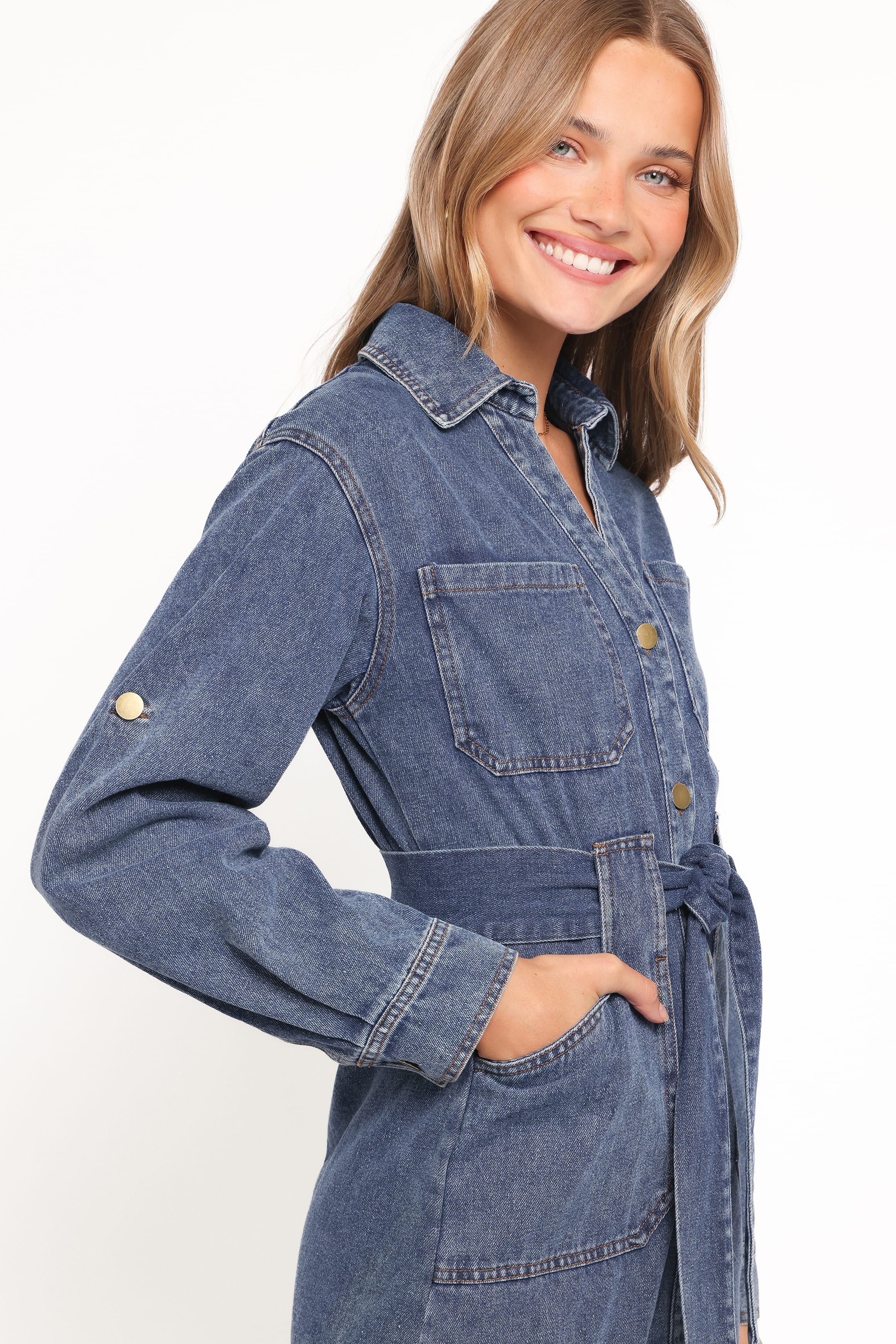 Petal and Pup USA DRESSES Ballina Long Sleeve Midi Dress - Blue Denim