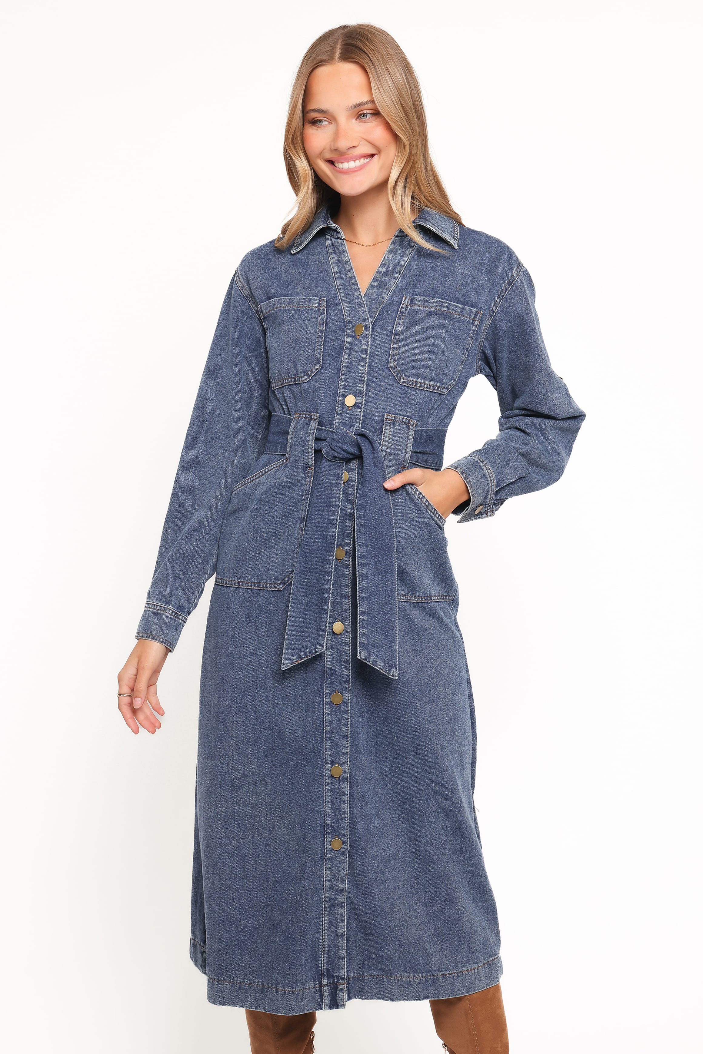 Petal and Pup USA DRESSES Ballina Long Sleeve Midi Dress - Blue Denim