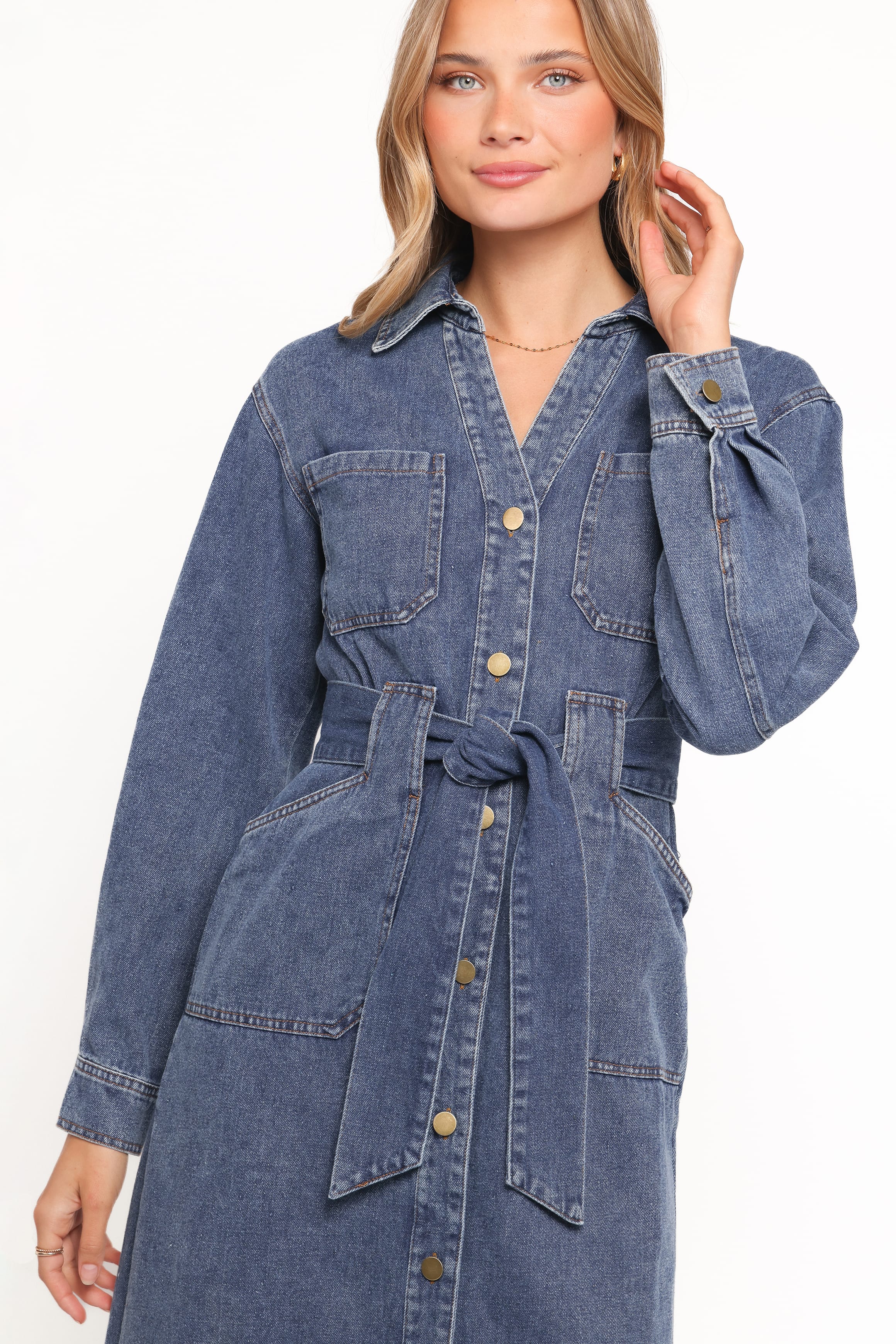 Petal and Pup USA DRESSES Ballina Long Sleeve Midi Dress - Blue Denim