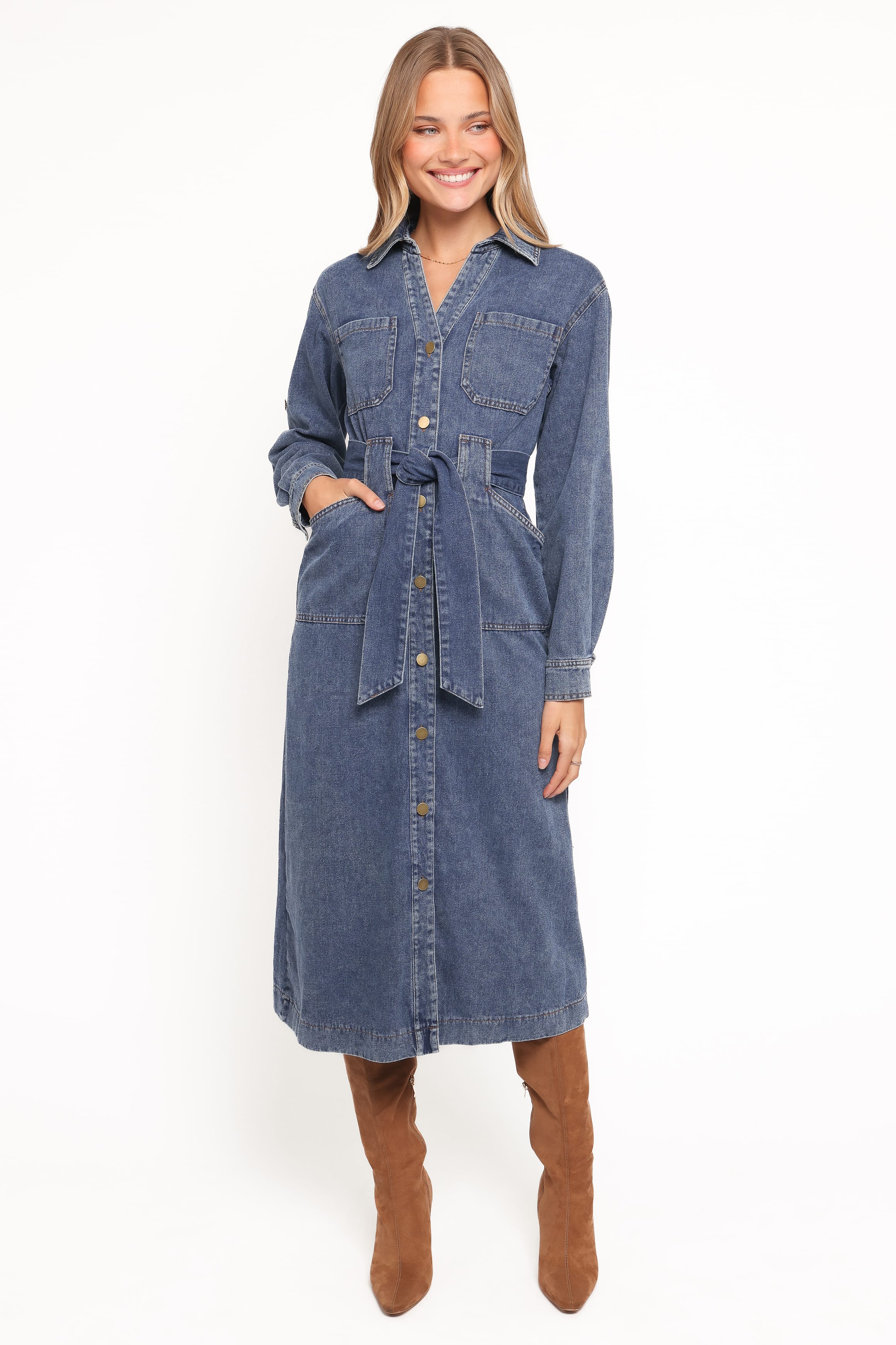 Petal and Pup USA DRESSES Ballina Long Sleeve Midi Dress - Blue Denim