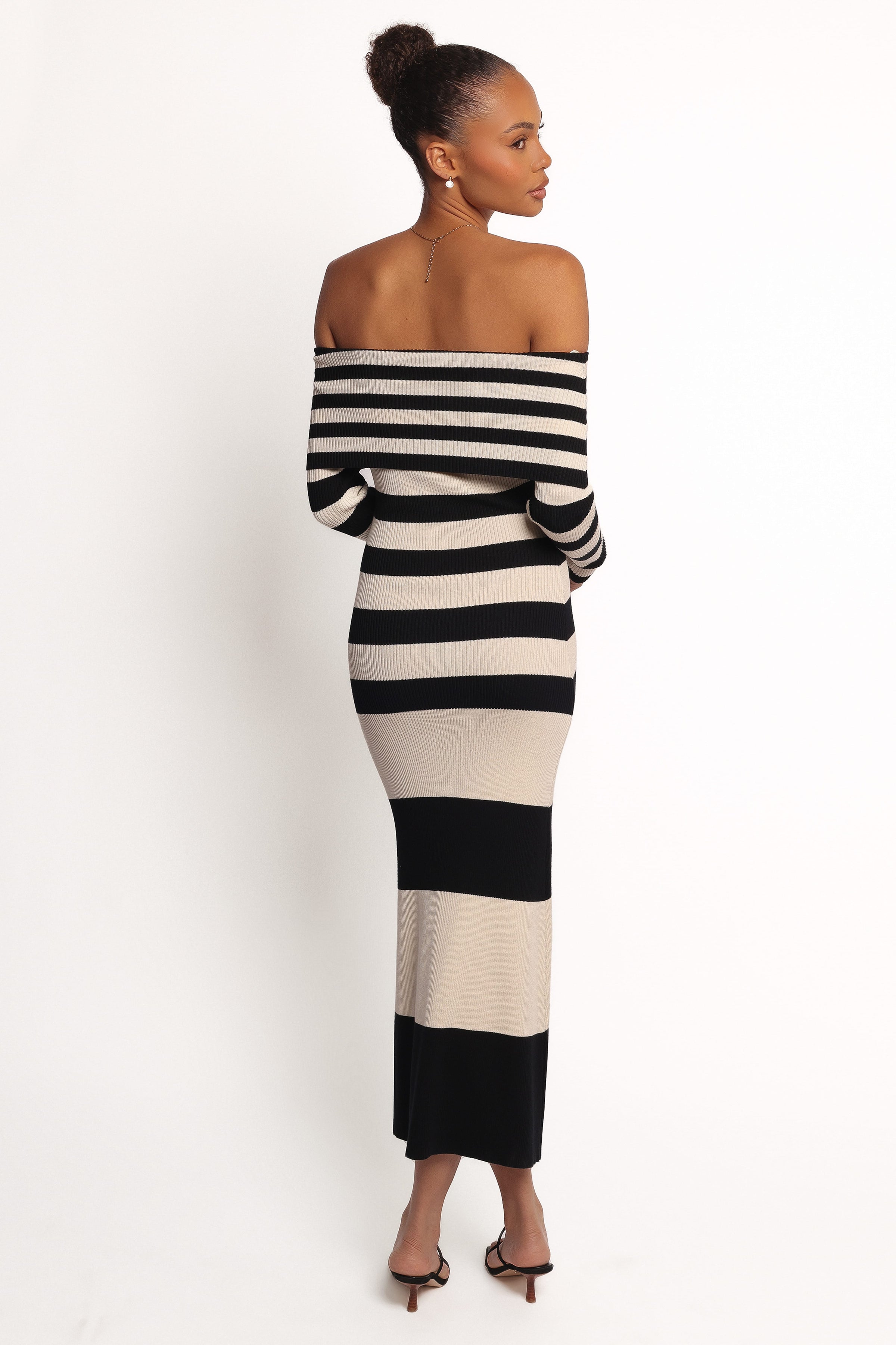 Petal and Pup USA DRESSES Banks Off Shoulder Knit Dress - Black Cream Stripe