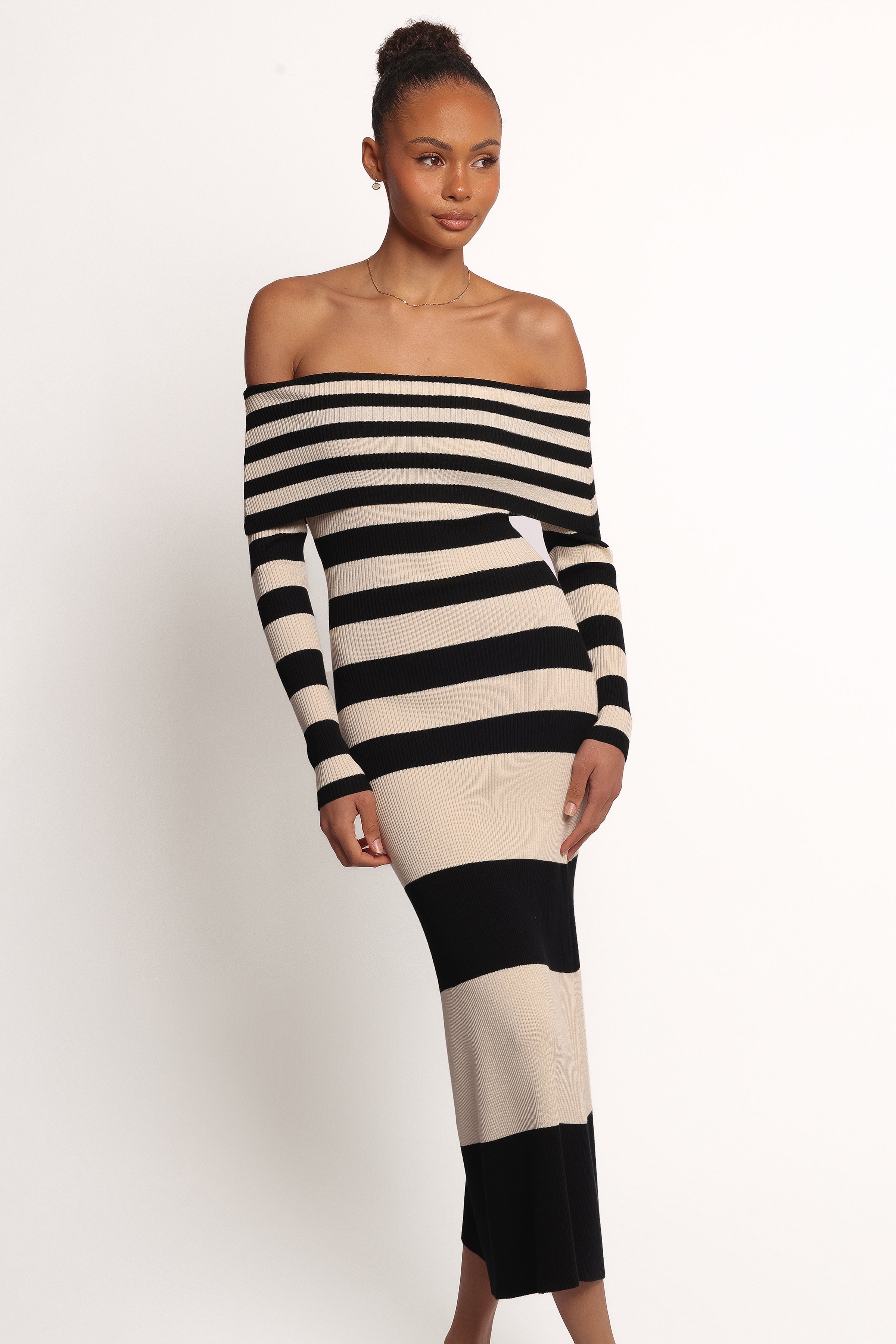 Petal and Pup USA DRESSES Banks Off Shoulder Knit Dress - Black Cream Stripe