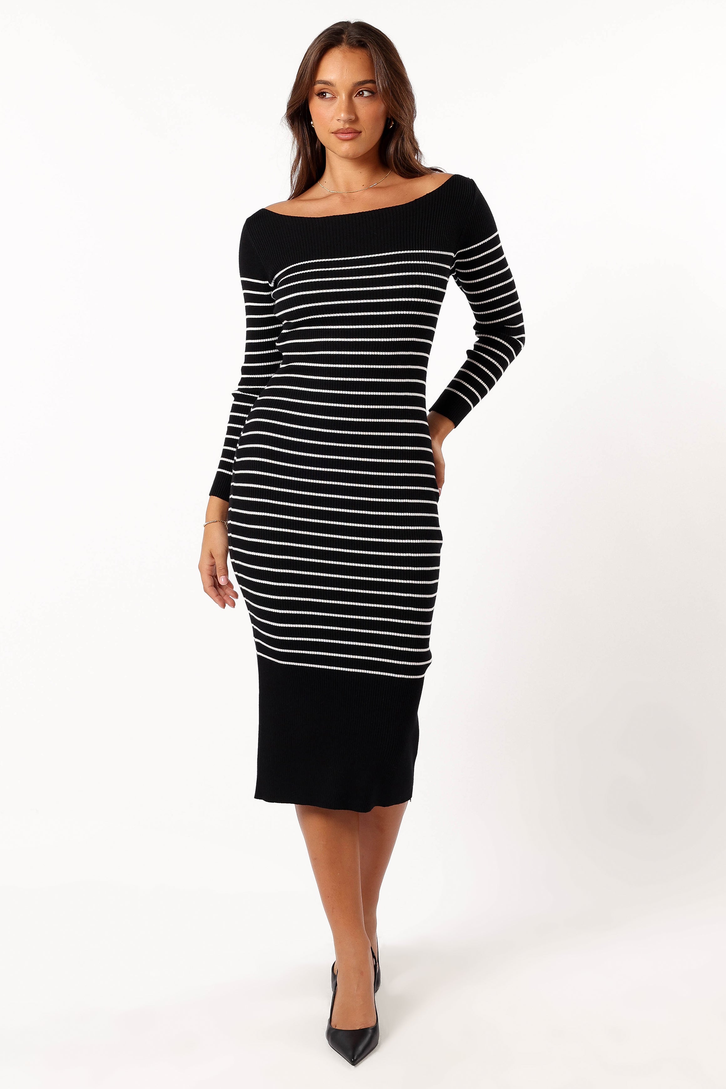 Petal and Pup USA DRESSES Baxtor Off the Shoulder Midi Dress - White/Black