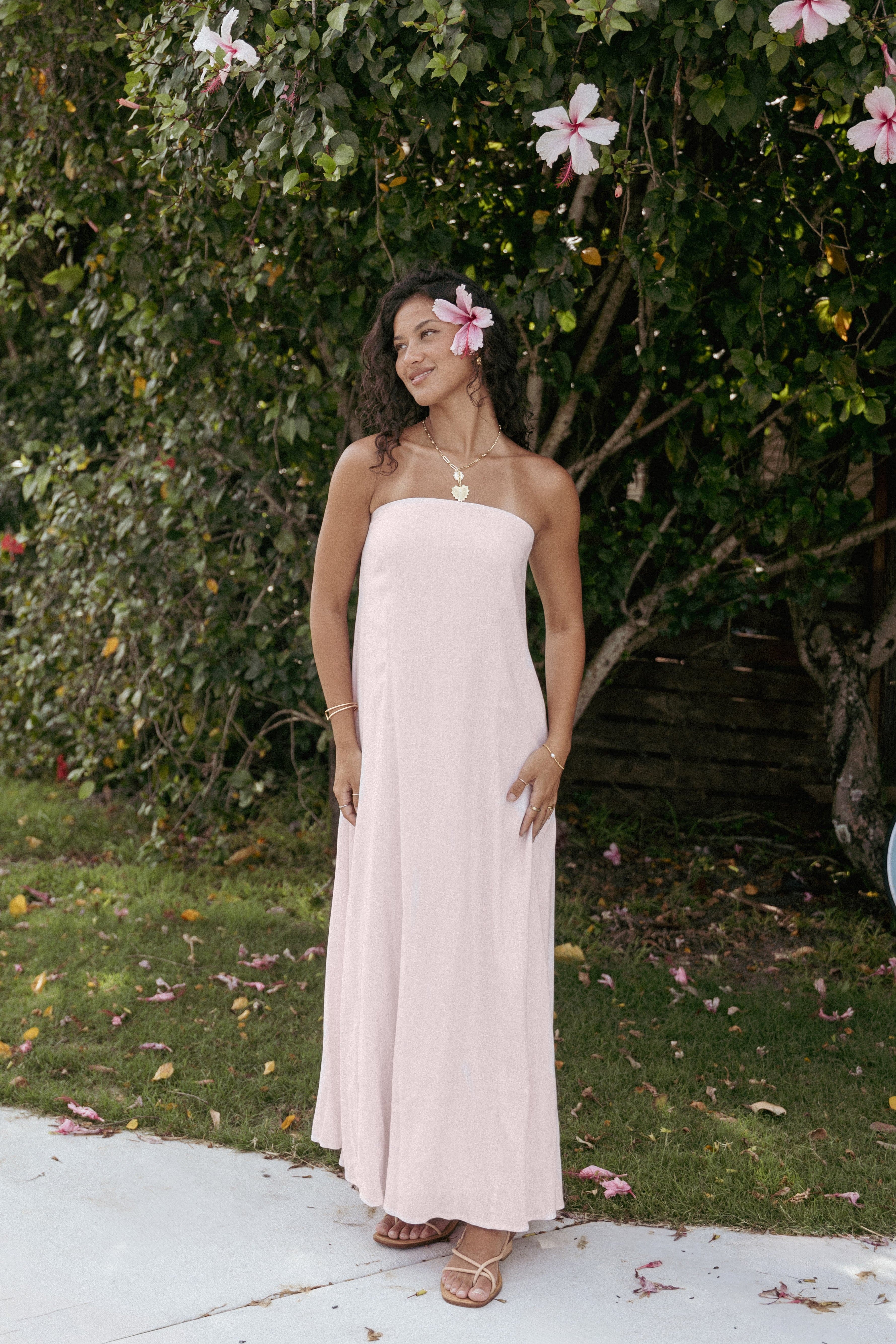 Petal and Pup USA DRESSES Bethany Strapless Midi Dress - Rosewater