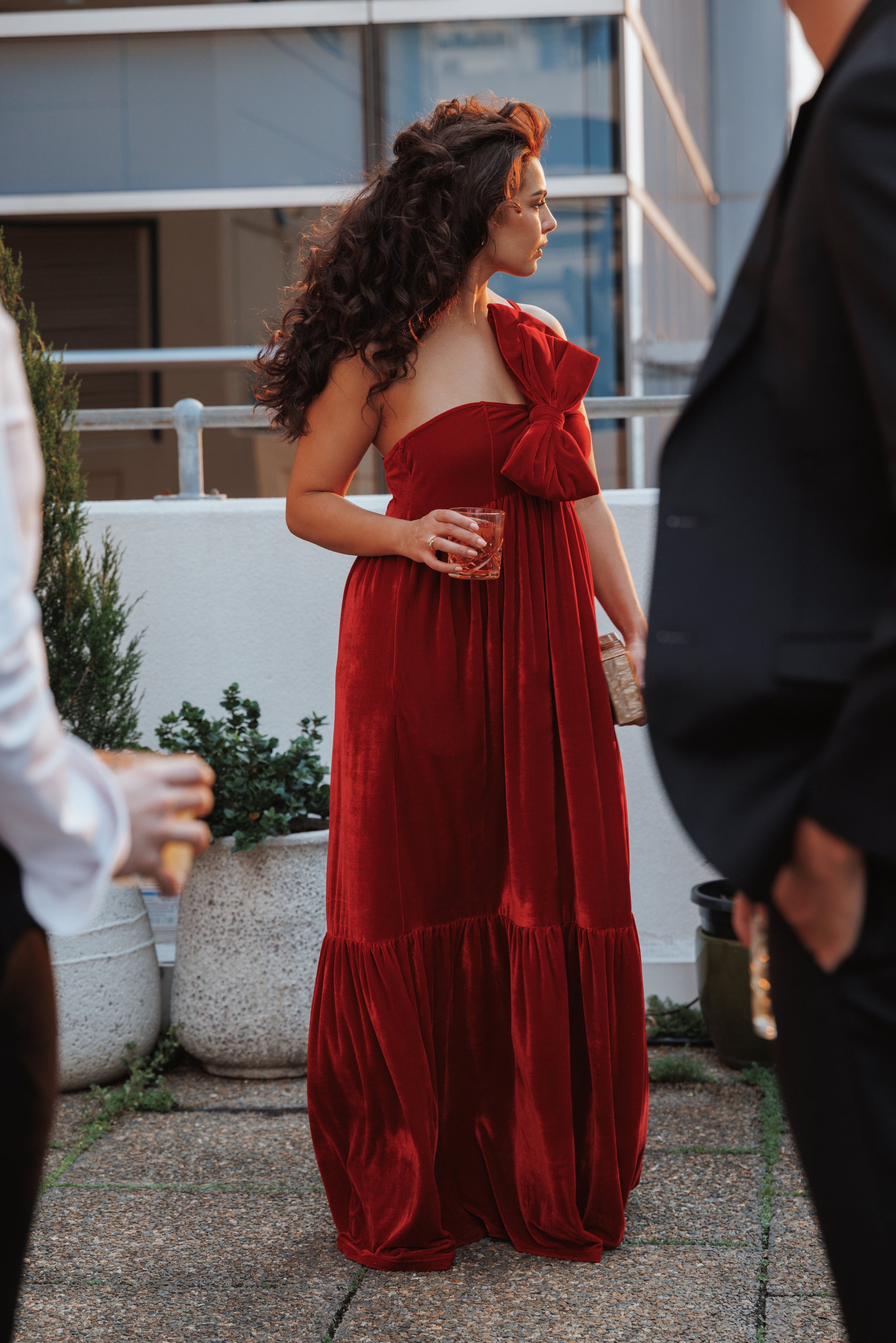 Petal Pup Betina One Shoulder Bow Velvet Maxi Dress, Womens, S, Red Velvet