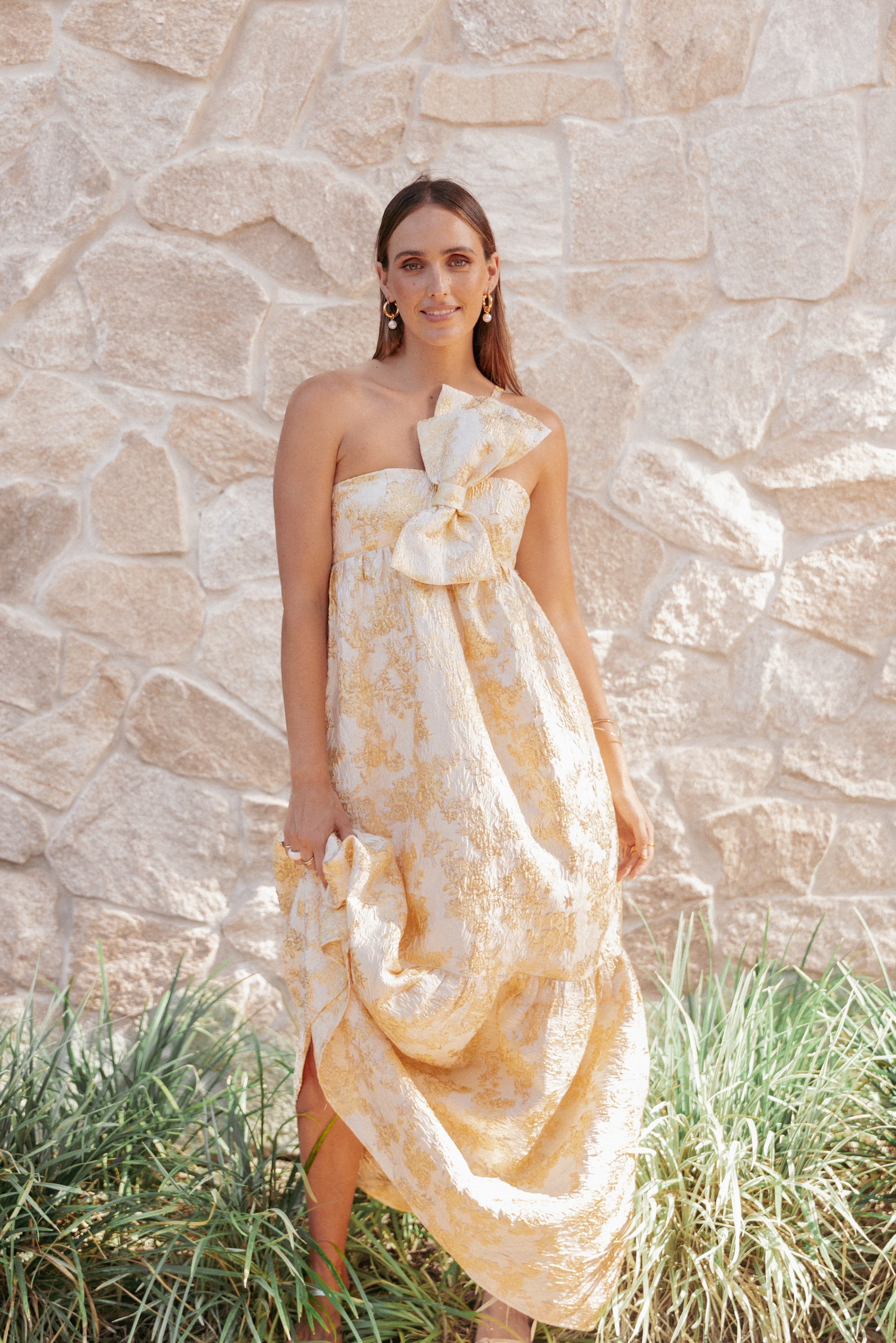 Petal and Pup USA DRESSES Betina Bow Front Maxi Dress - Yellow Brocade