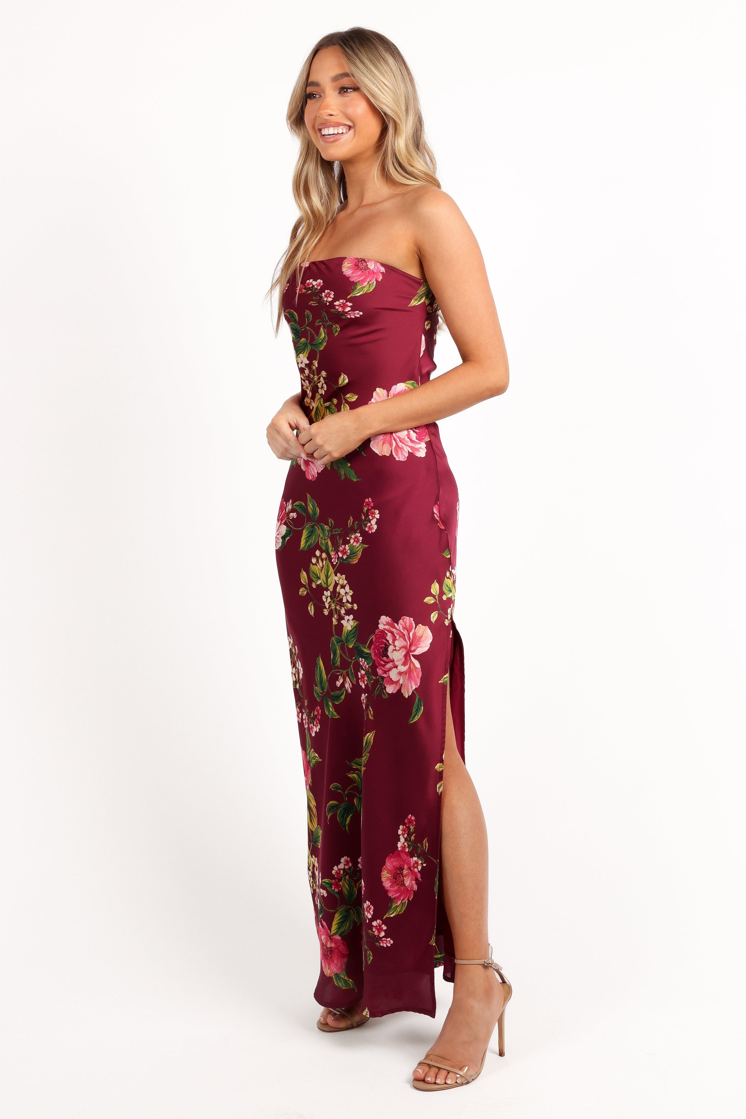 Petal and Pup USA DRESSES Bryden Maxi Strapless Dress - Burgundy Floral