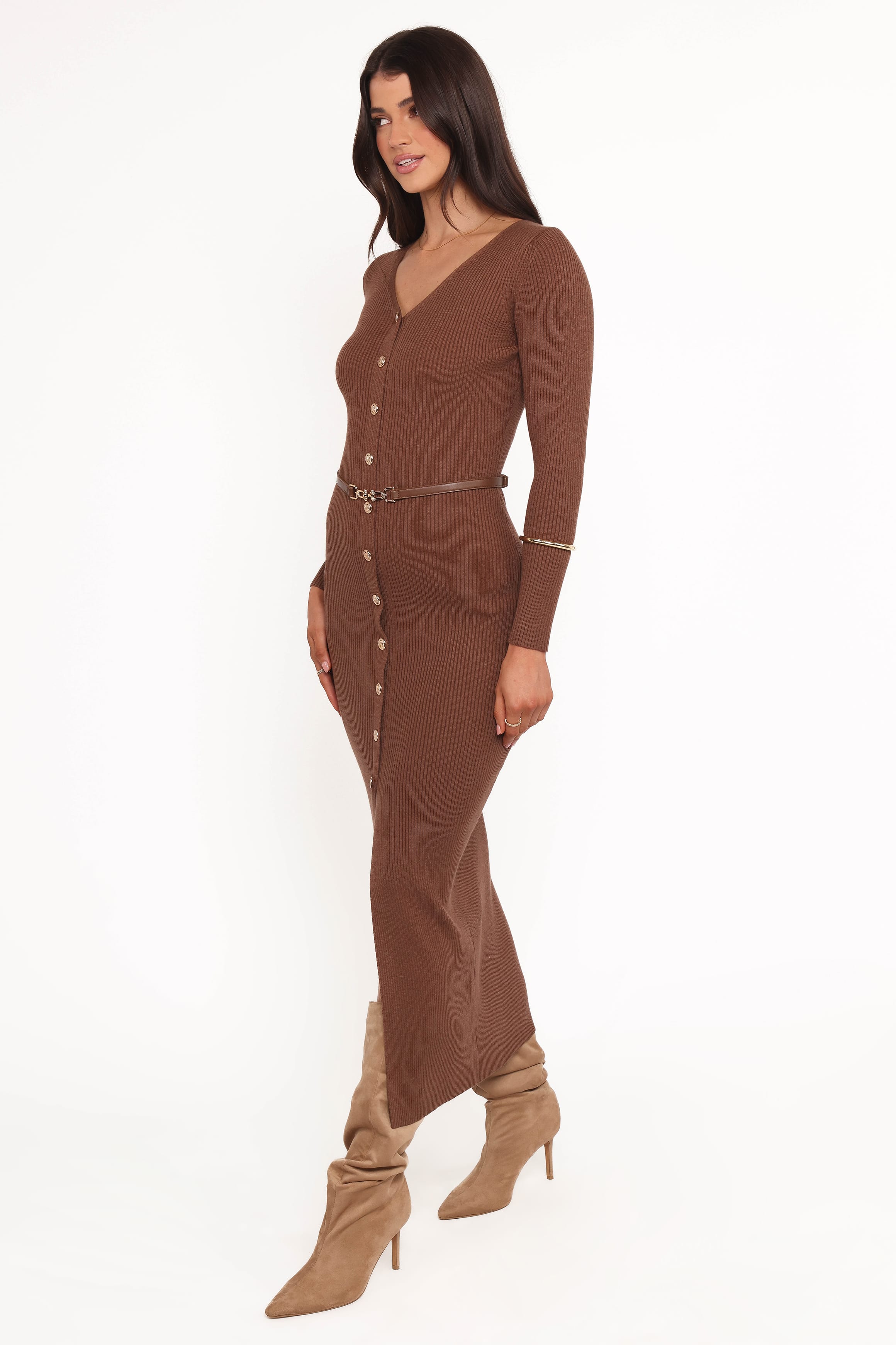 Petal and Pup USA DRESSES Brydie Long Sleeve Midi Dress - Chocolate Brown