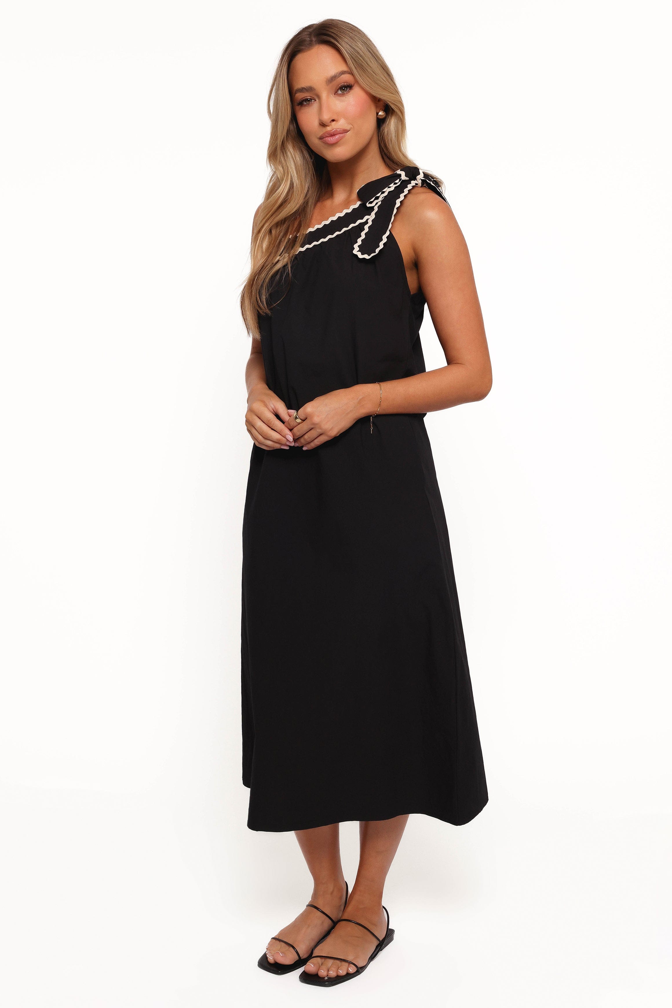Petal and Pup USA DRESSES Brynlee One Shoulder Midi Dress - Black/Cream (Hold for Rack)
