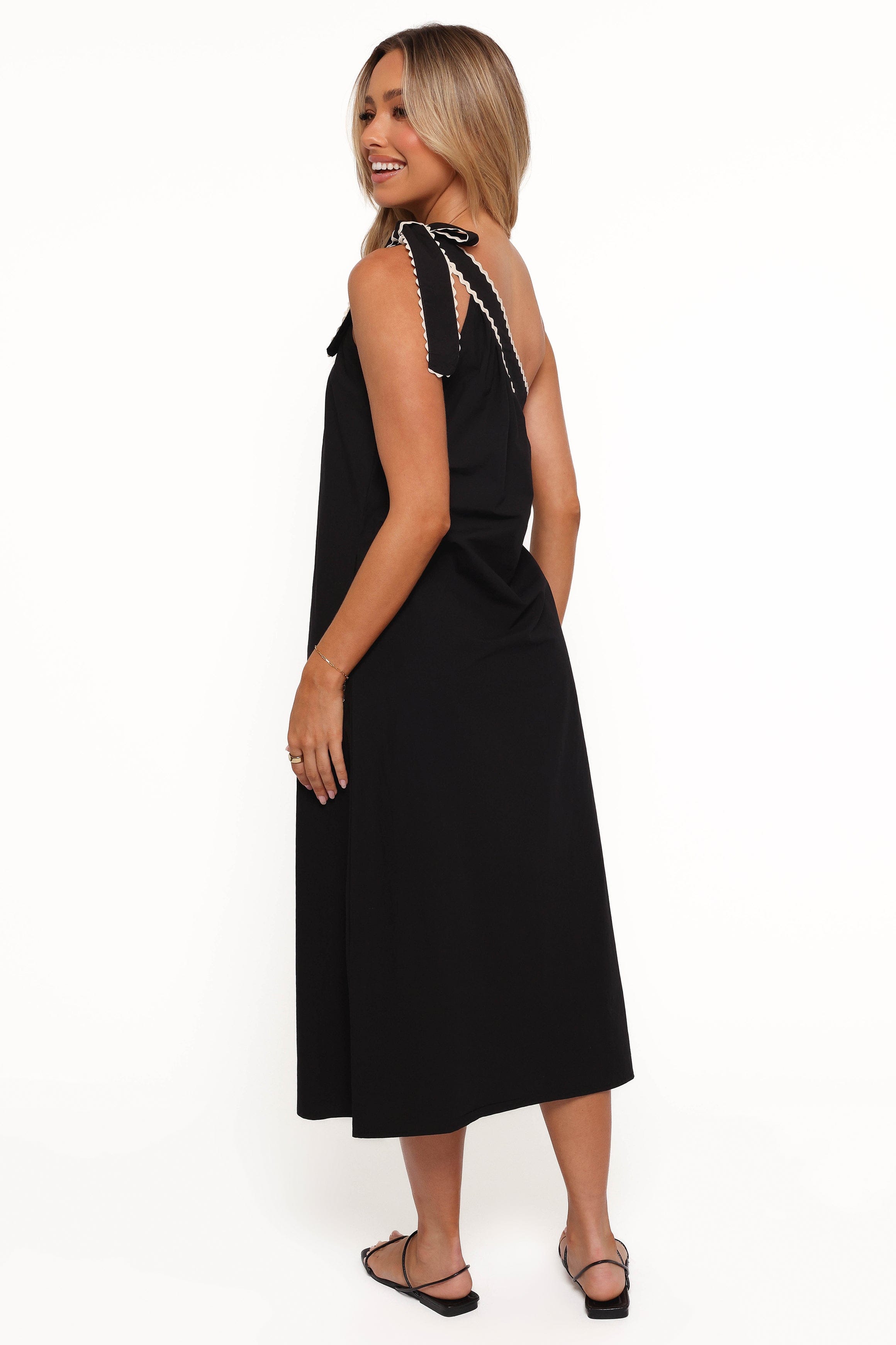 Petal and Pup USA DRESSES Brynlee One Shoulder Midi Dress - Black/Cream (Hold for Rack)