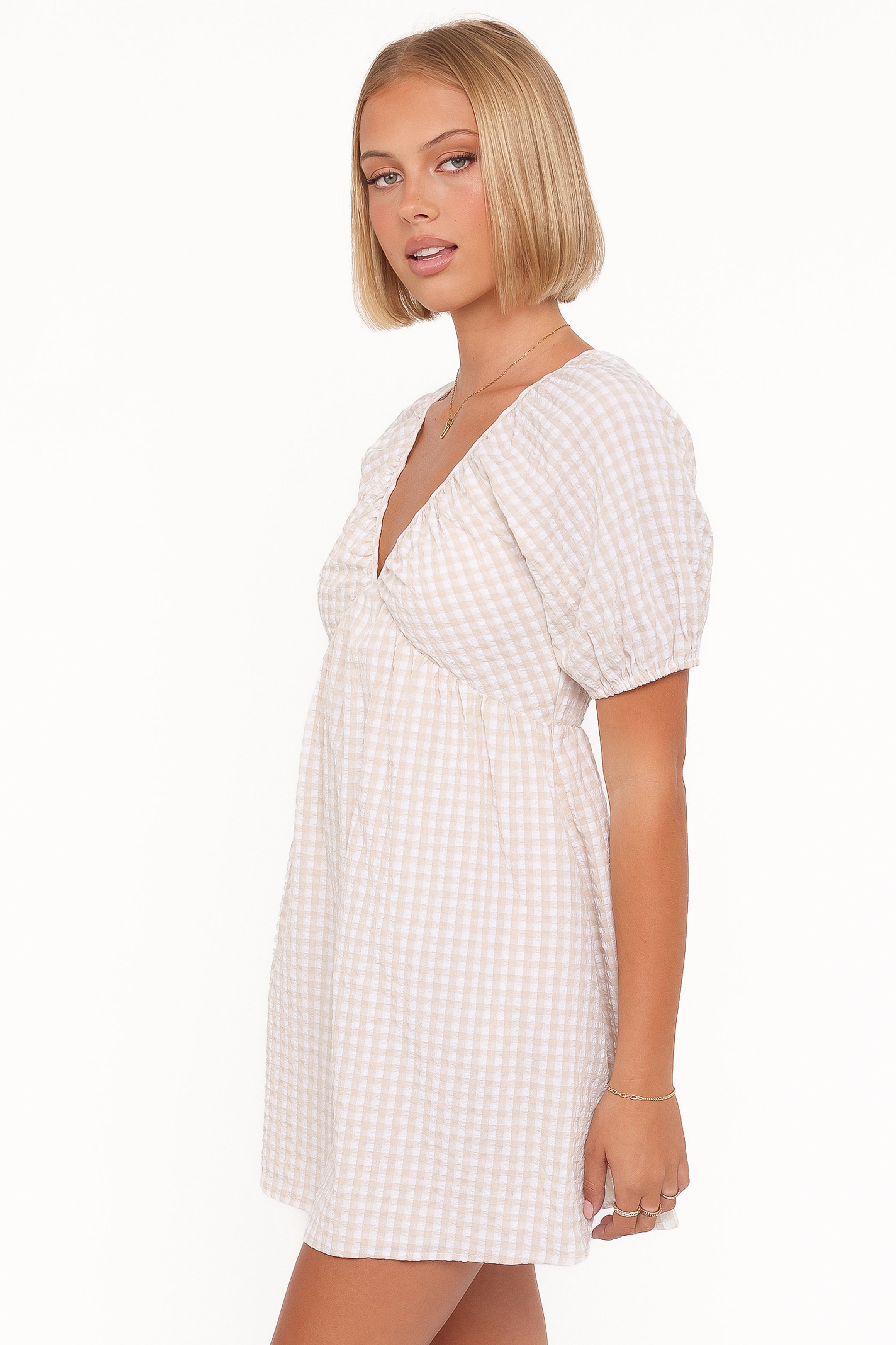 Petal and Pup USA DRESSES Cadhla Mini Dress - Beige Gingham