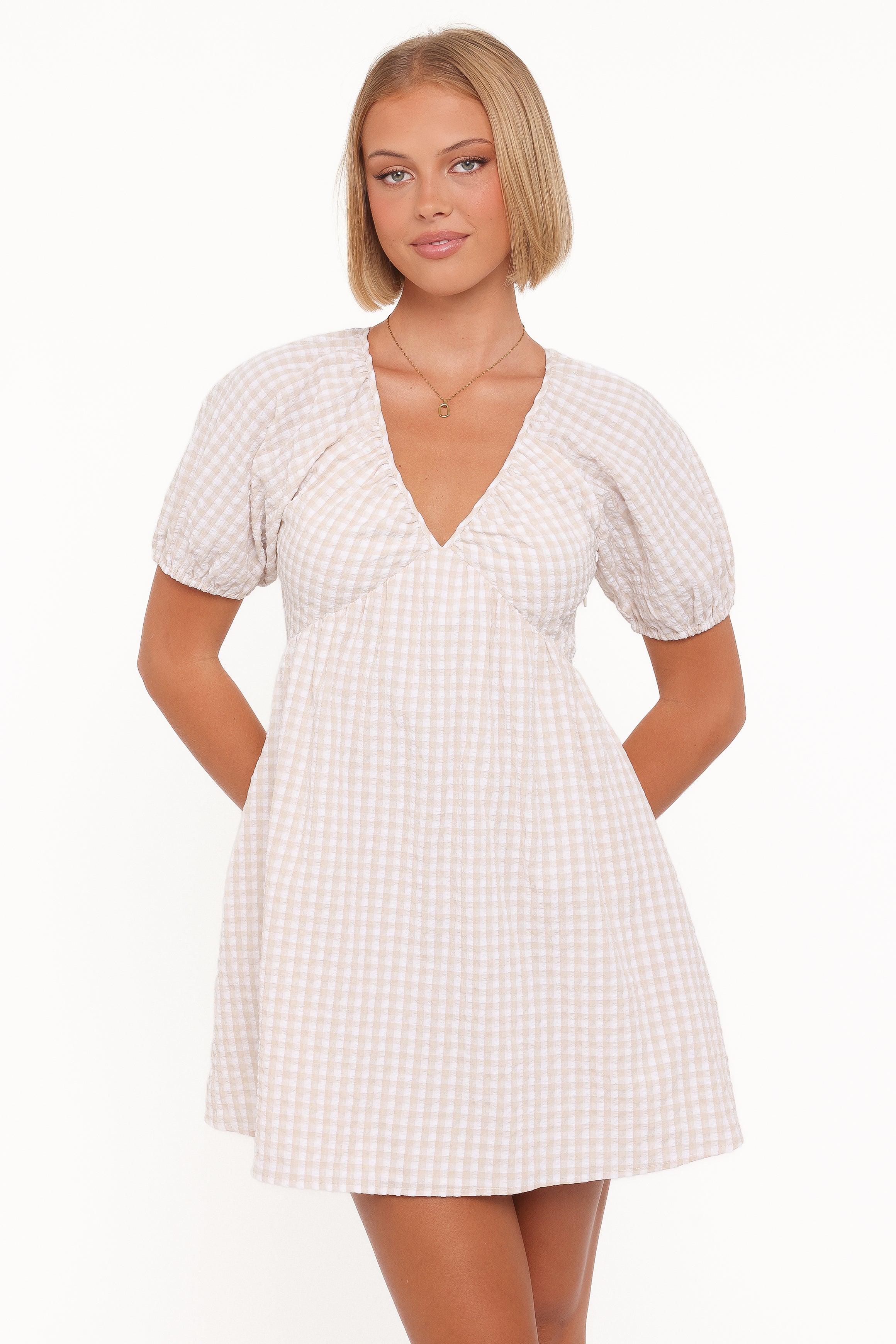 Petal and Pup USA DRESSES Cadhla Mini Dress - Beige Gingham