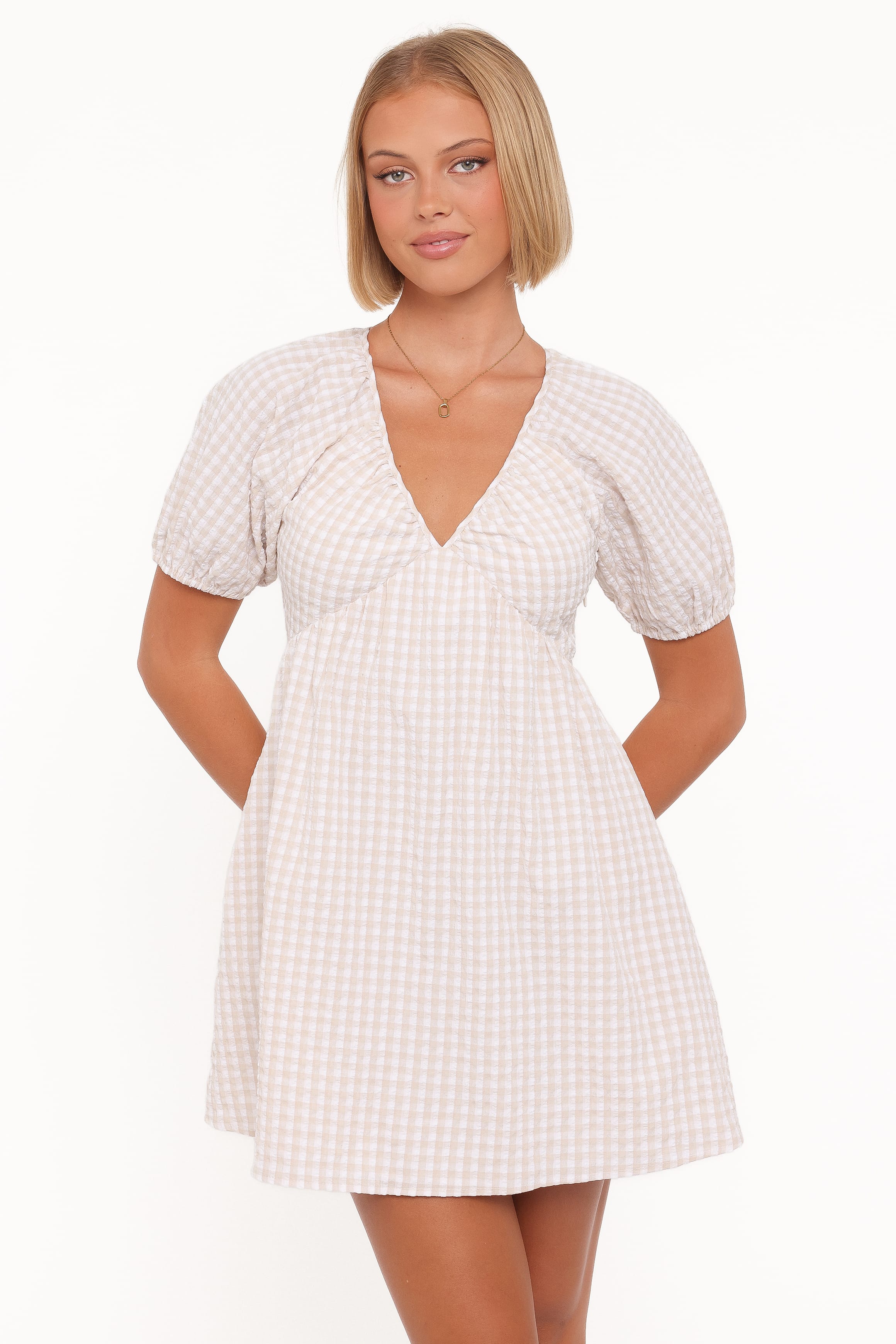 Petal and Pup USA DRESSES Cadhla Mini Dress - Beige Gingham