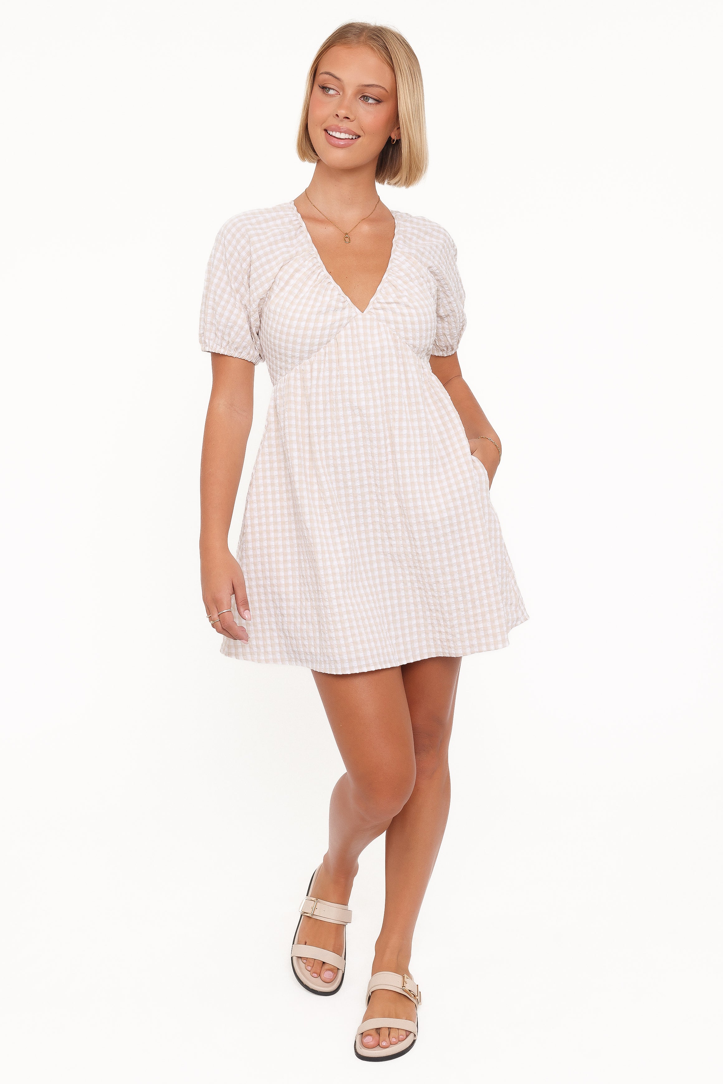 Petal and Pup USA DRESSES Cadhla Mini Dress - Beige Gingham