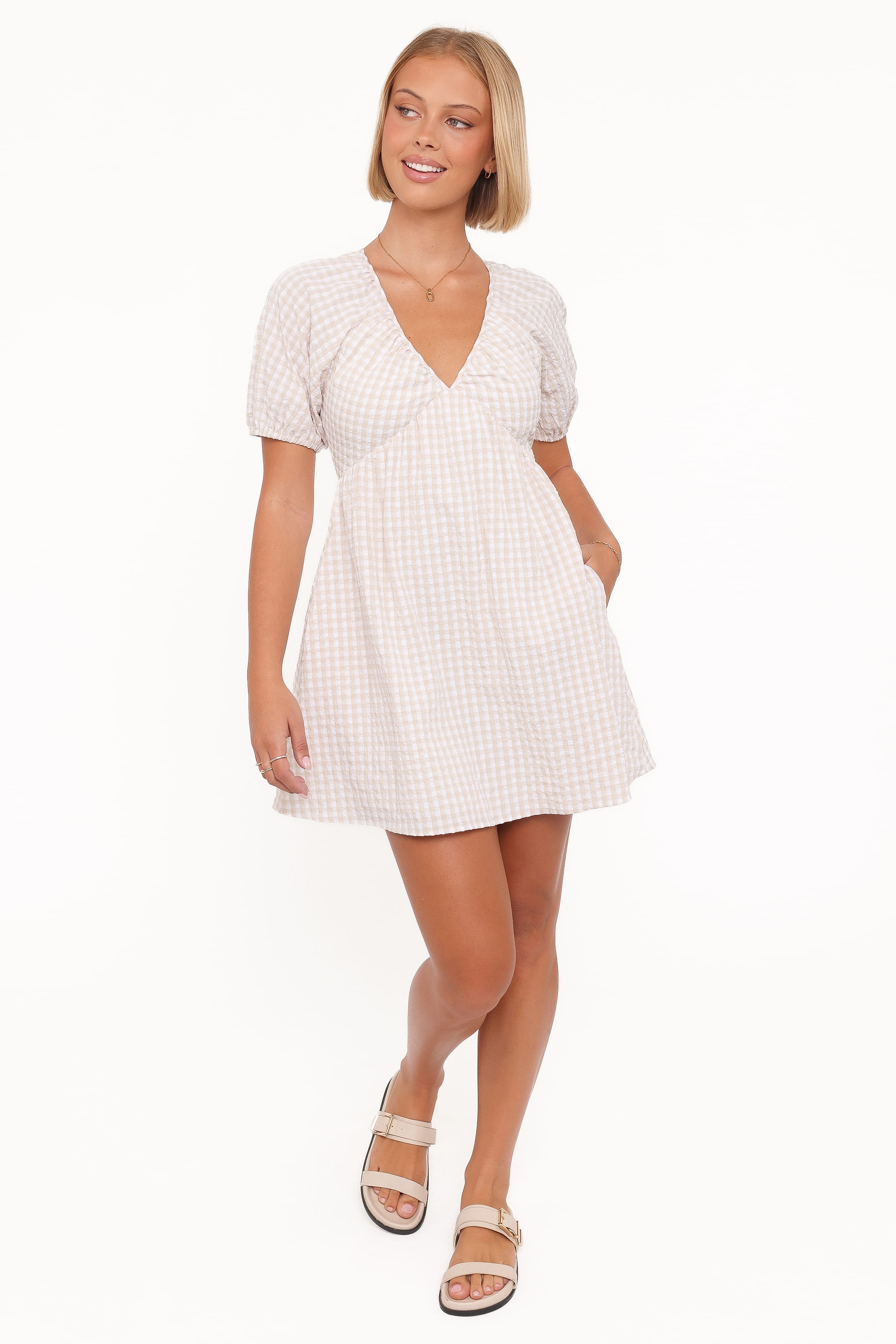 Petal and Pup USA DRESSES Cadhla Mini Dress - Beige Gingham