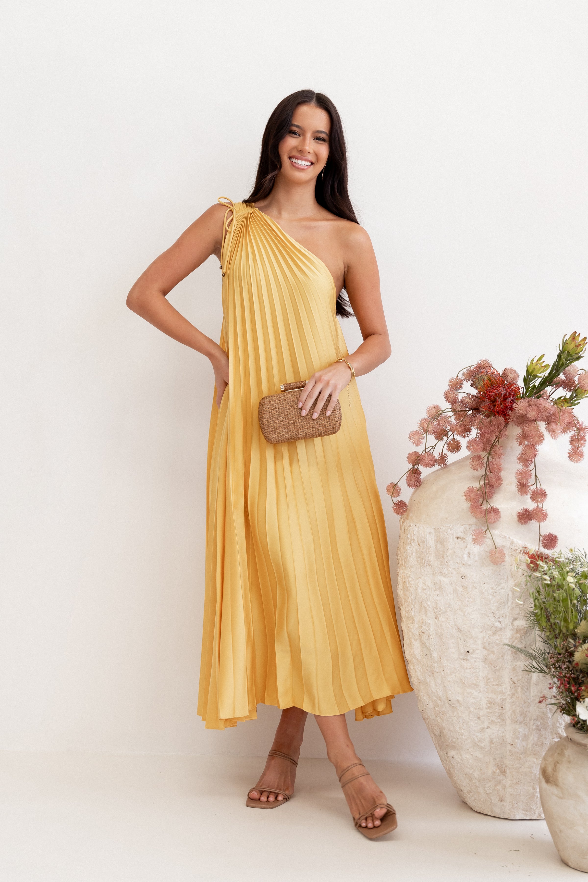 Petal and Pup USA DRESSES Cali One Shoulder Midi Dress - Saffron