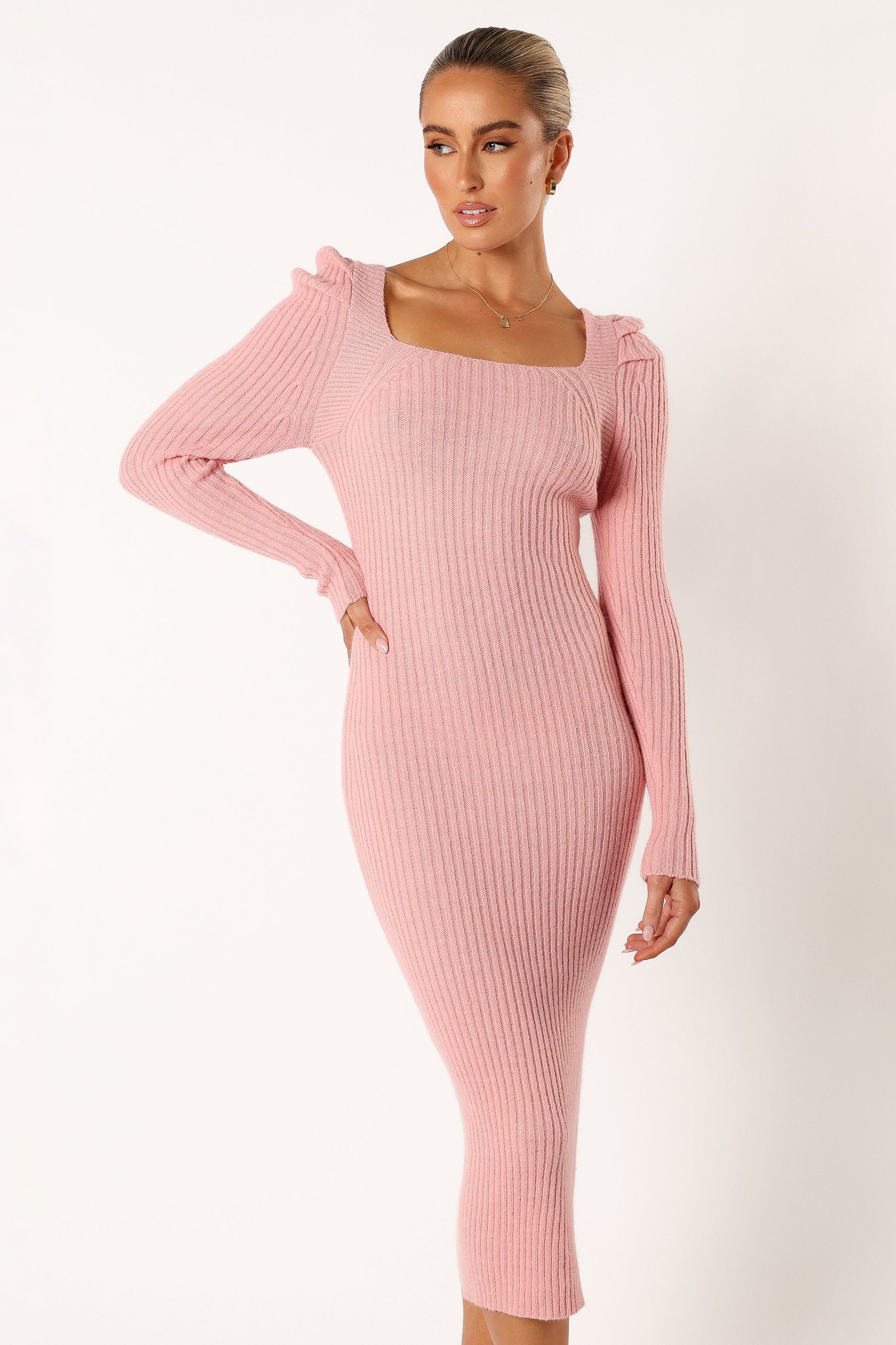 Sleeves Blush Pink Bodycon Midi Dress Camryn Puff Sleeve Knit