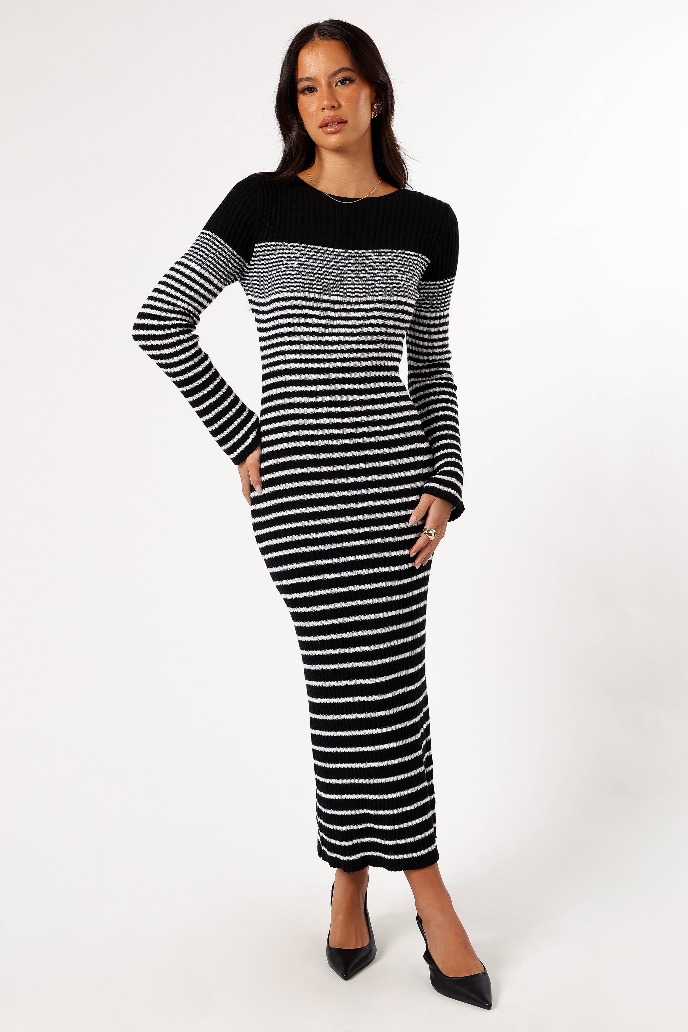 Petal and Pup USA DRESSES Camy Long Sleeve Midi Dress - Black/White