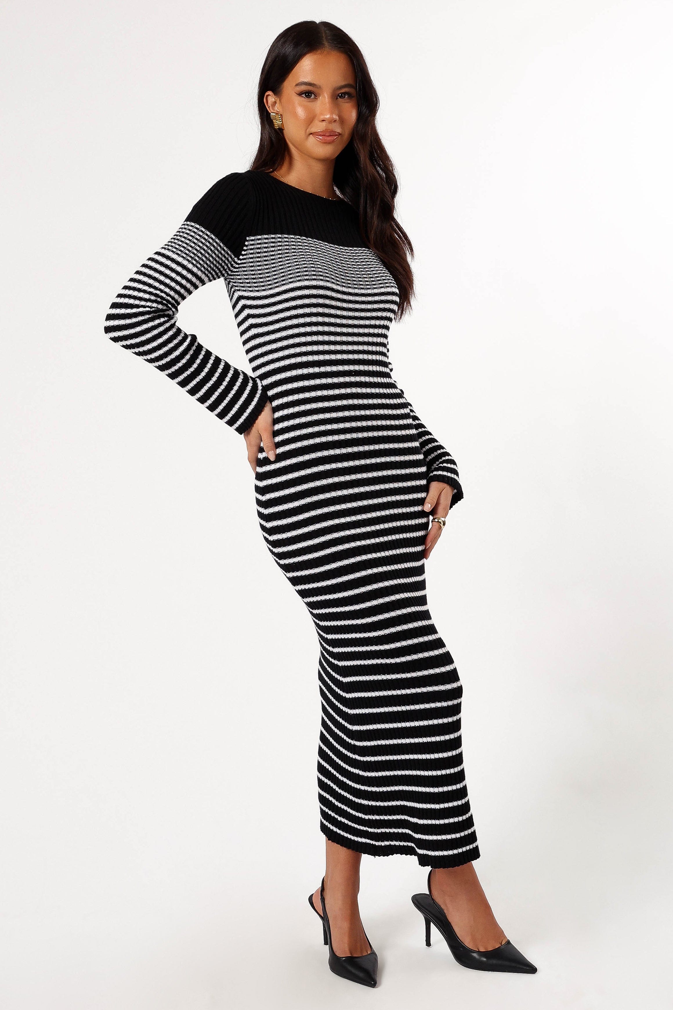 Petal and Pup USA DRESSES Camy Long Sleeve Midi Dress - Black/White