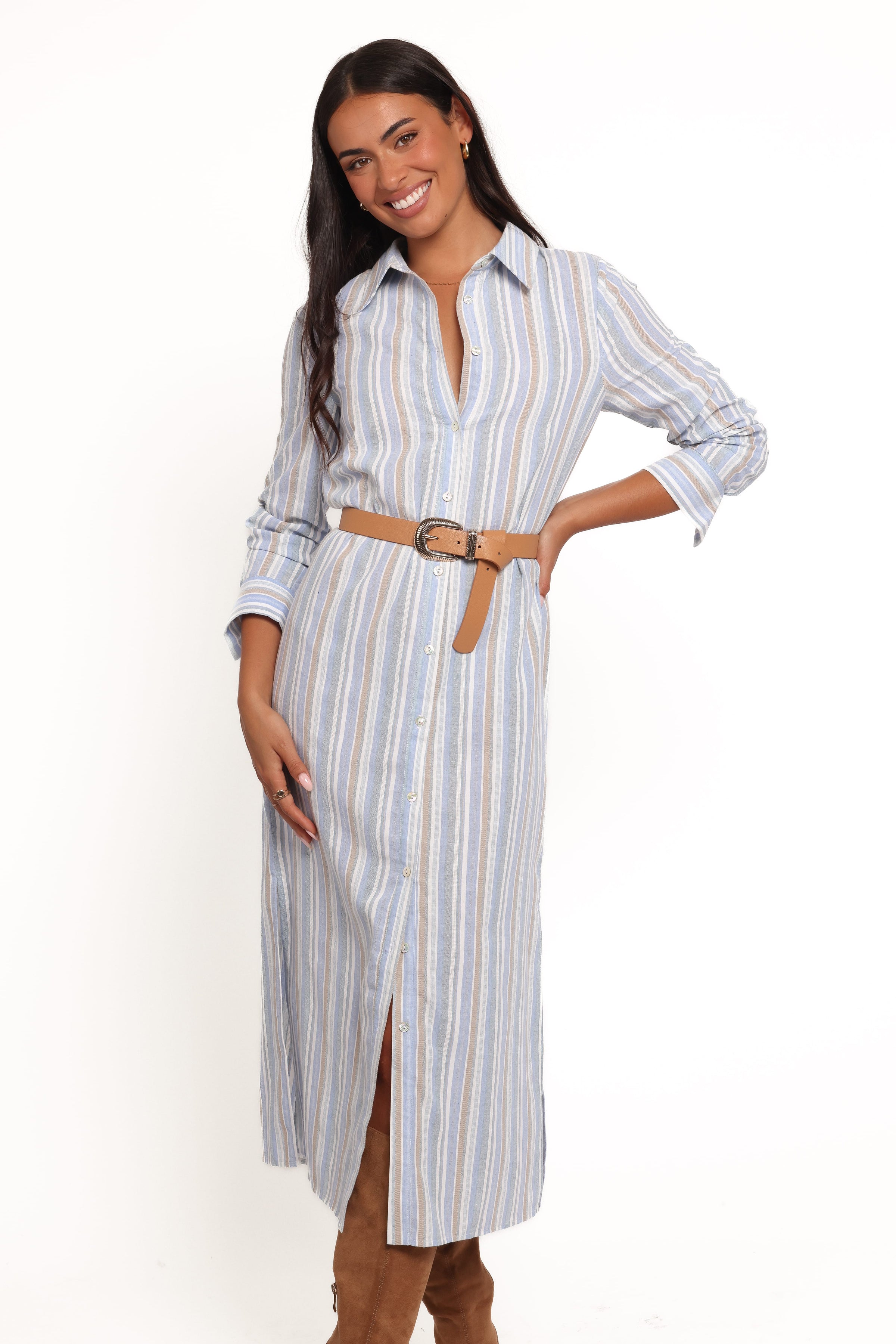 Petal and Pup USA DRESSES Caprice Long Sleeve Button Down Maxi Dress - Blue Stripe
