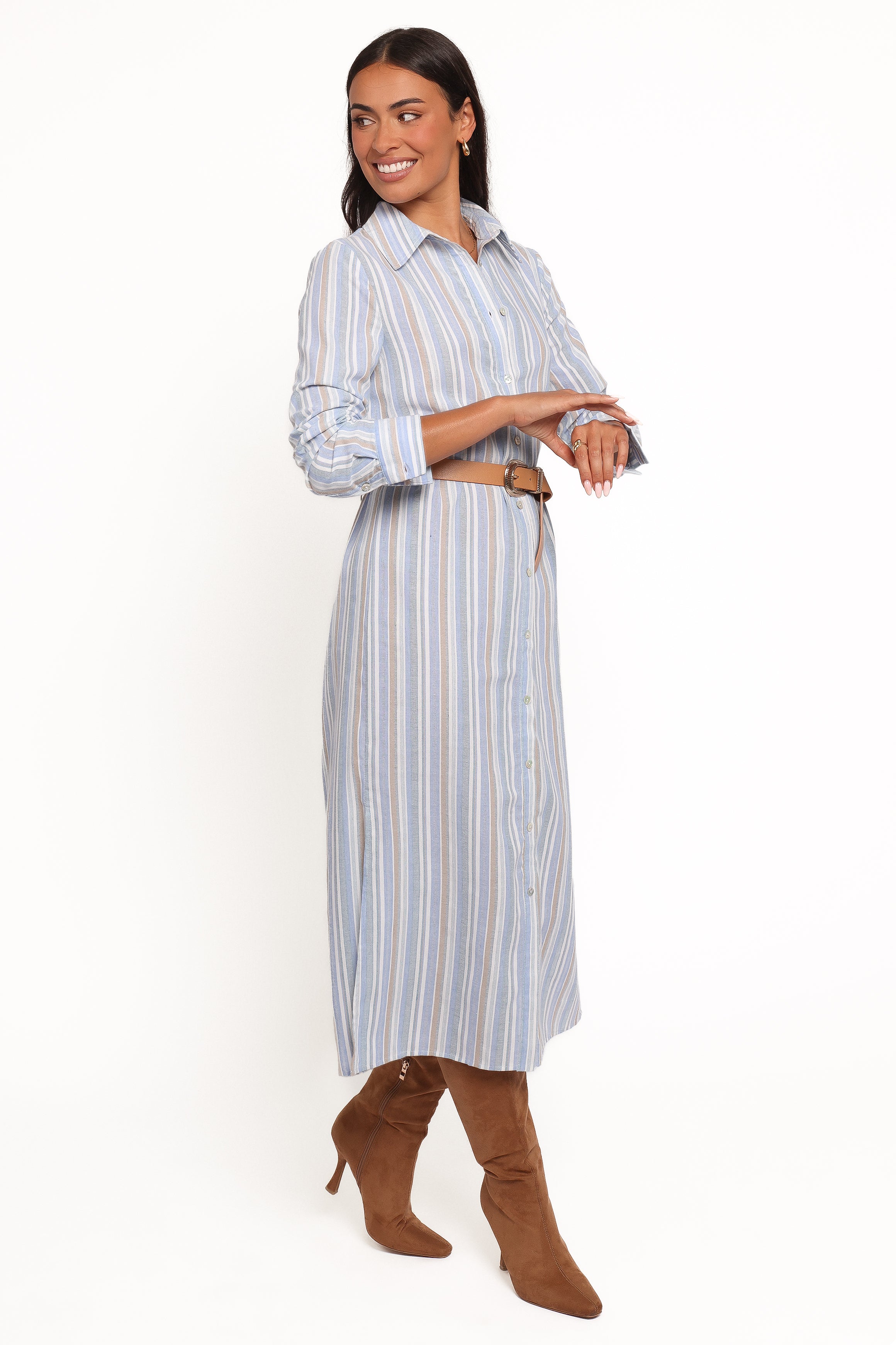 Petal and Pup USA DRESSES Caprice Long Sleeve Button Down Maxi Dress - Blue Stripe