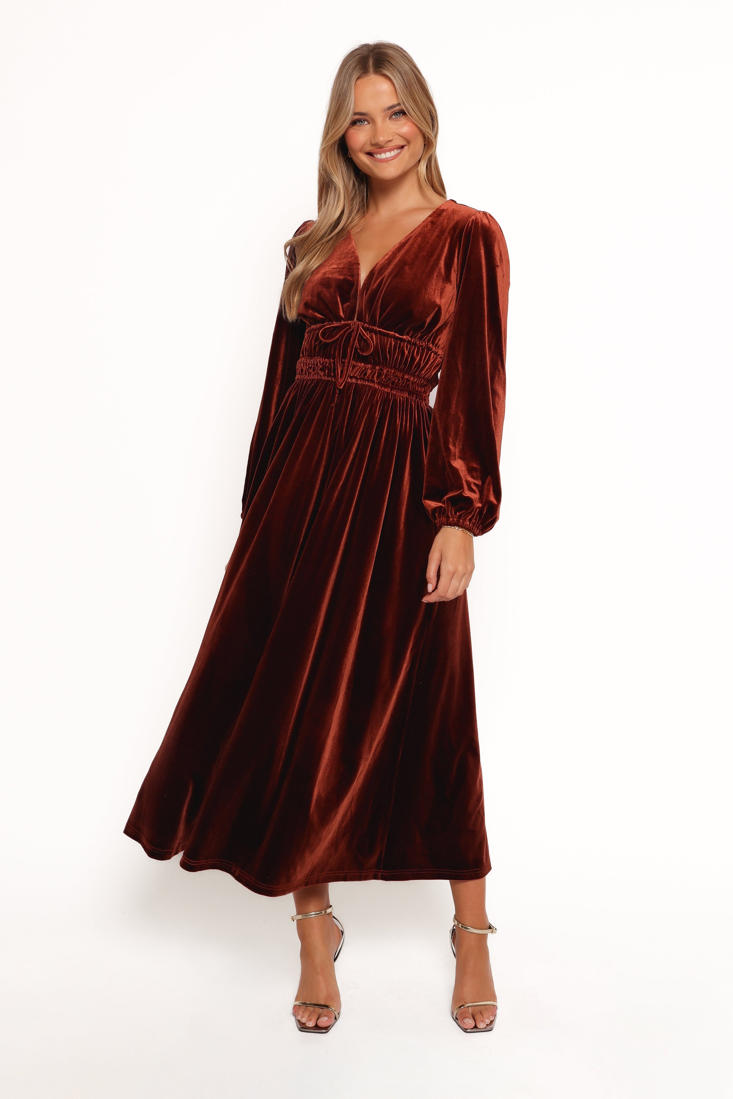 Petal and Pup USA DRESSES Cece Velvet Long Sleeve Maxi Dress - Rust