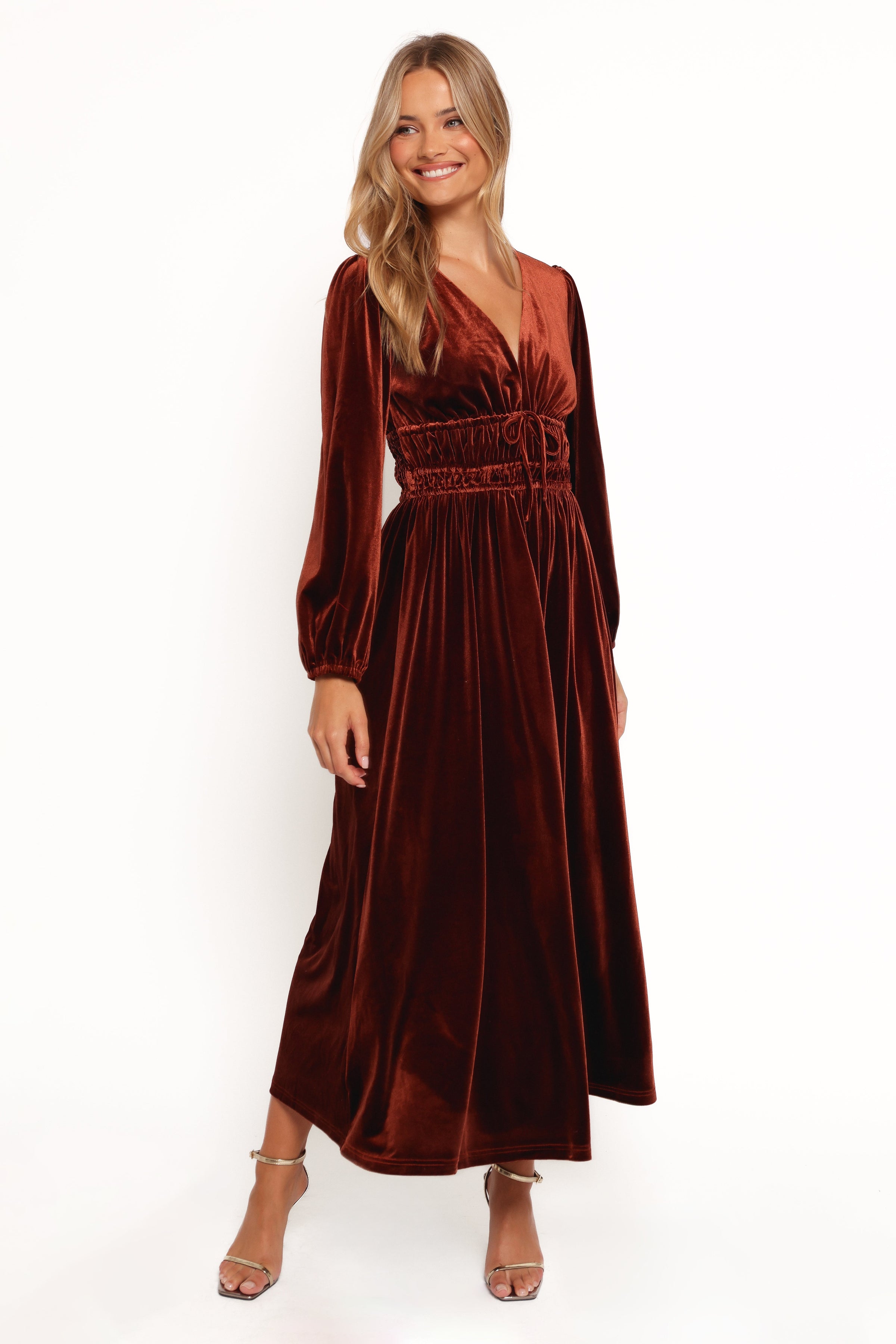 Petal and Pup USA DRESSES Cece Velvet Long Sleeve Maxi Dress - Rust