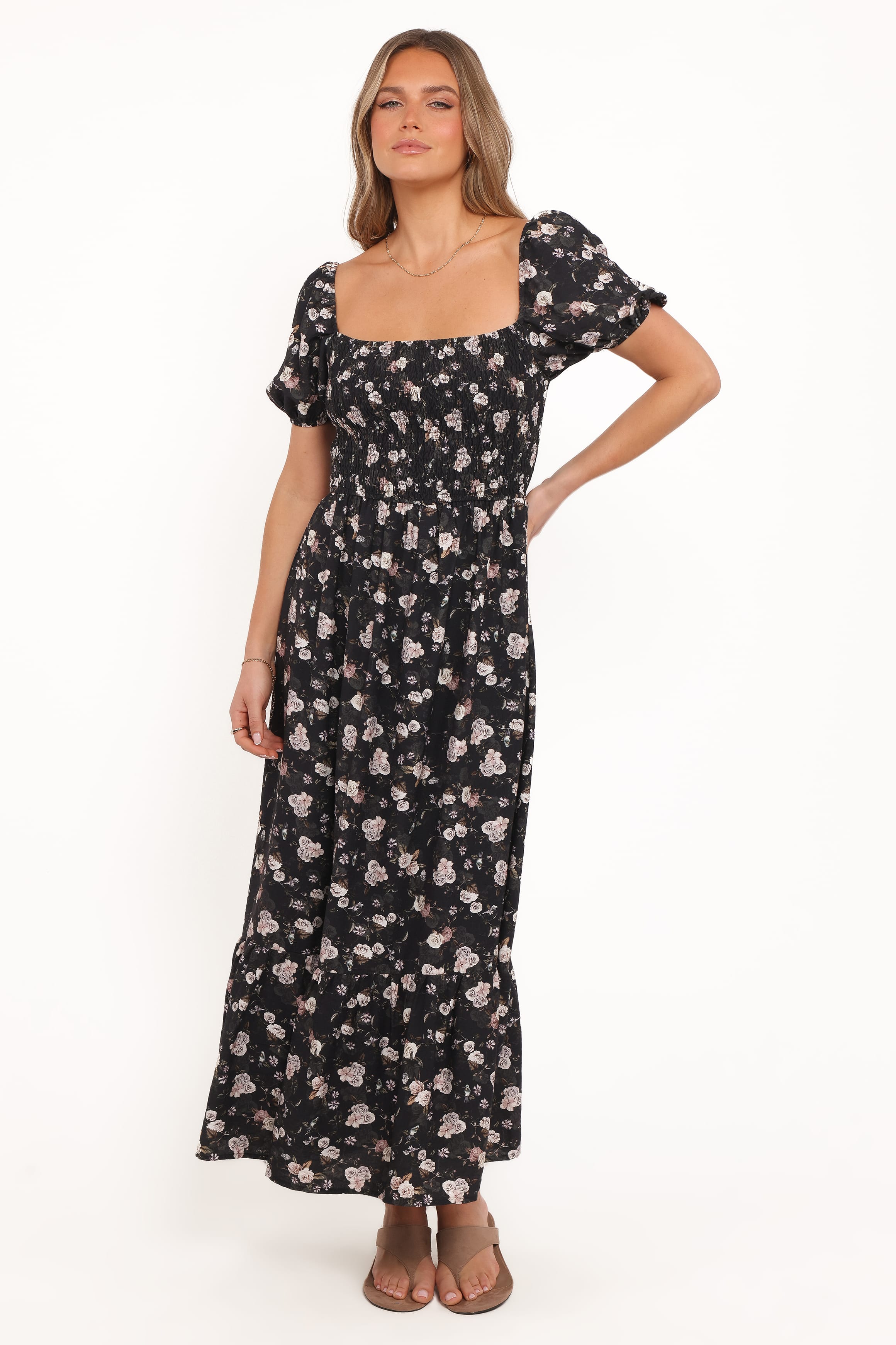 Petal and Pup USA DRESSES Cecelia Puff Sleeve Maxi Dress - Black Floral (Hold for Amazon)