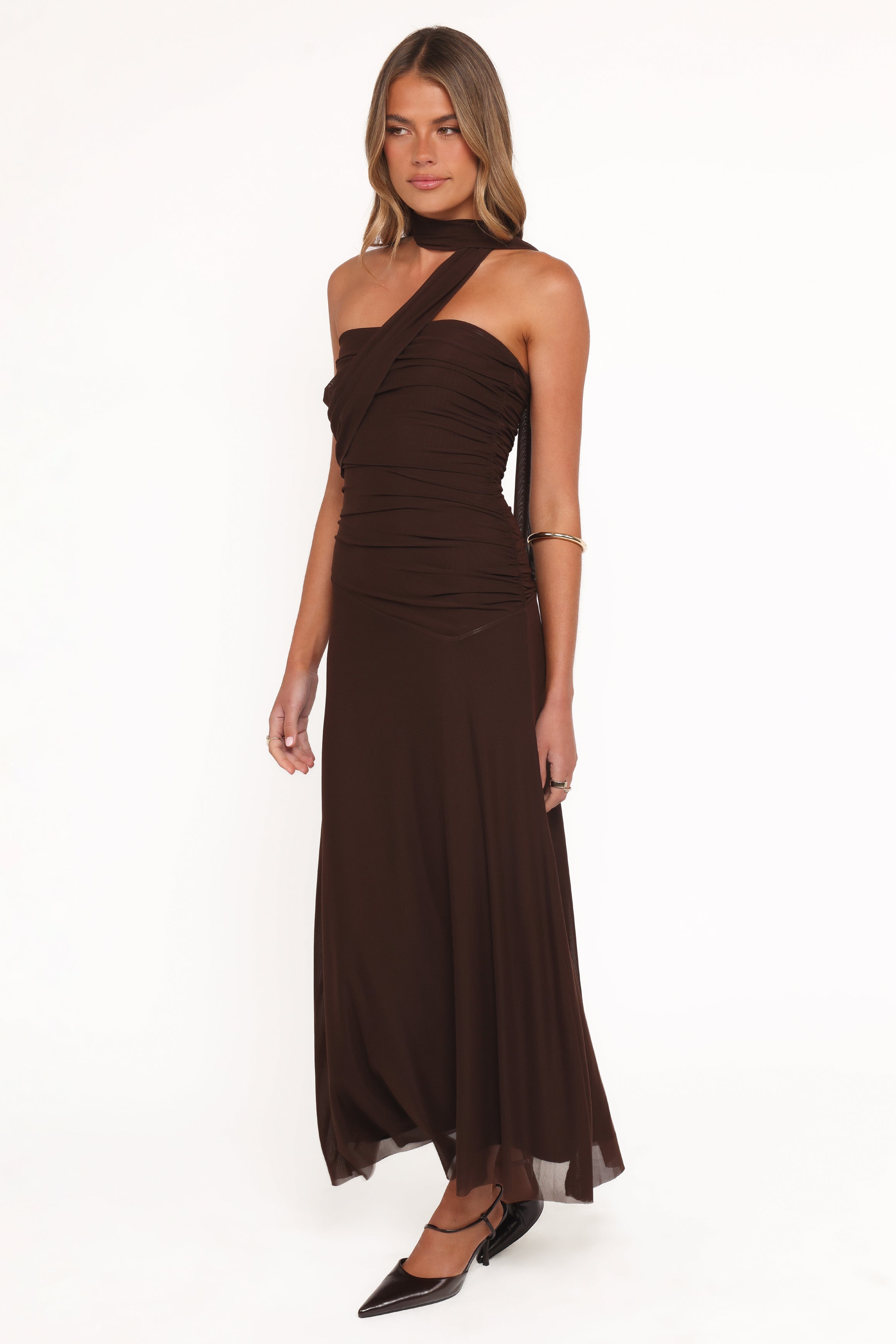 Petal and Pup USA DRESSES Charly One Shoulder Maxi Dress - Brown